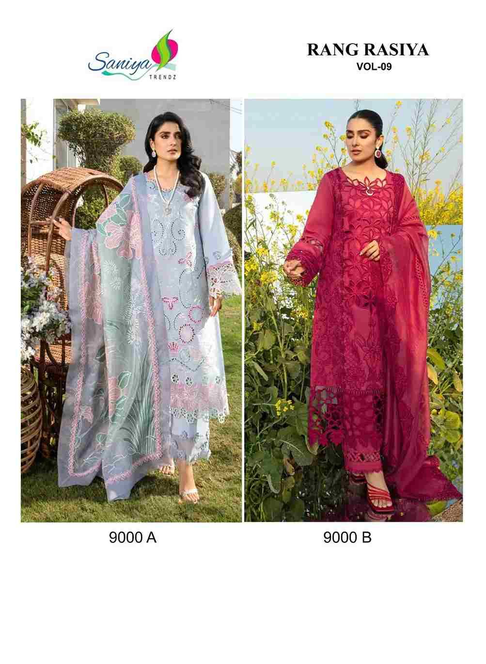 Rang Rasiya Vol-9 By Saniya Trendz 9000-A To 9000-B Series Beautiful Pakistani Suits Colorful Stylish Fancy Casual Wear & Ethnic Wear Cotton Embroidered Dresses At Wholesale Price