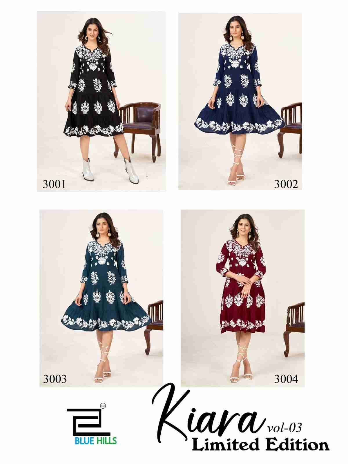 Kiara Vol-3 Limited Edition By Blue Hills 3001 To 3004 Series Designer Stylish Fancy Colorful Beautiful Party Wear & Ethnic Wear Collection Rayon With Work Kurtis At Wholesale Price