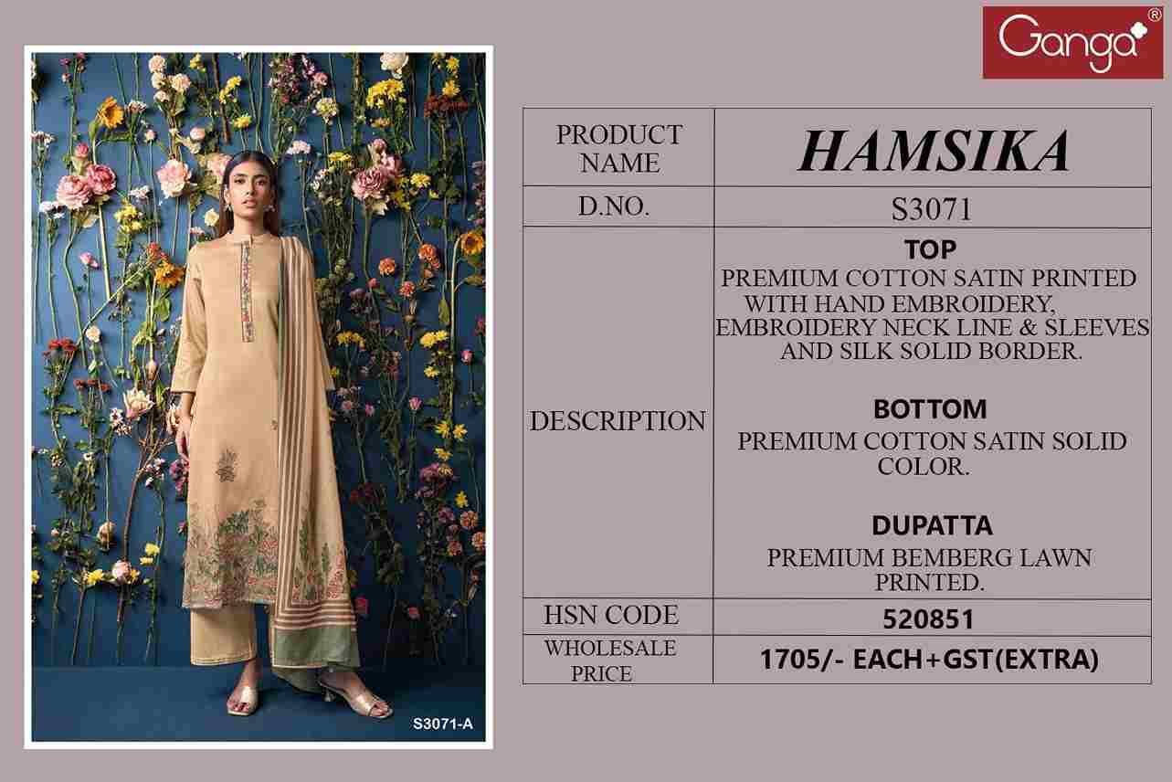 Hamsika-3071 By Ganga Fashion 3071-A To 3071-D Series Beautiful Festive Suits Colorful Stylish Fancy Casual Wear & Ethnic Wear Cotton Satin Dresses At Wholesale Price