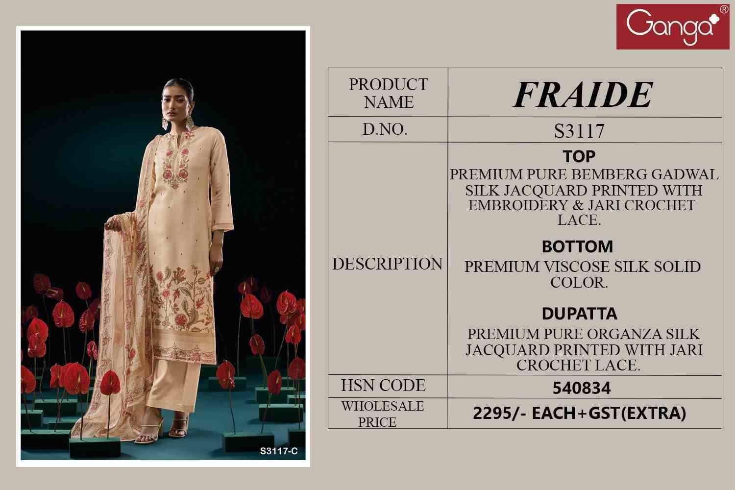 Fraide-3117 By Ganga Fashion 3117-A To 3117-D Series Beautiful Festive Suits Colorful Stylish Fancy Casual Wear & Ethnic Wear Pure Bemberg Silk Jacquard Dresses At Wholesale Price