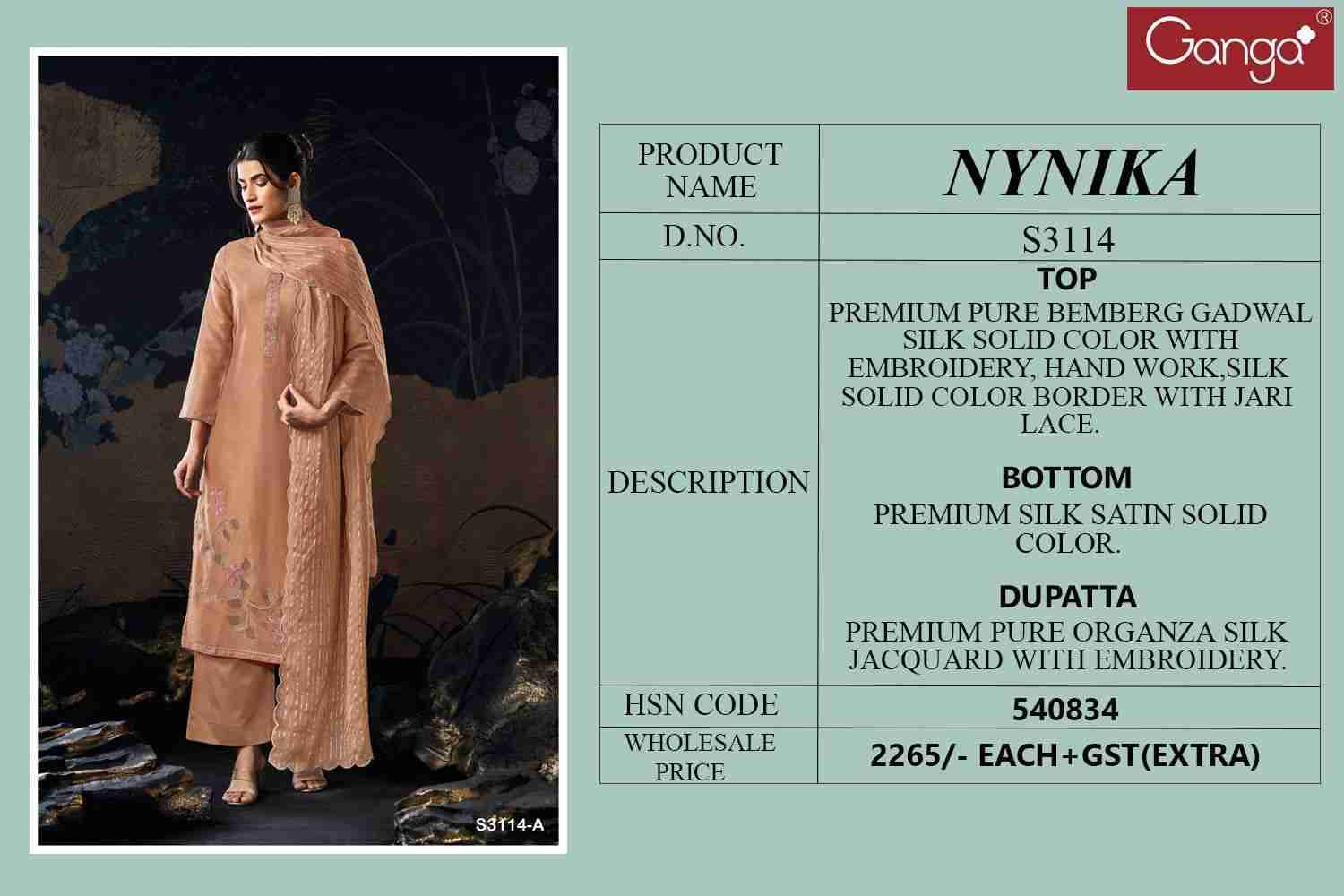 Nynika-3114 By Ganga Fashion 3114-A To 3114-C Series Beautiful Festive Suits Colorful Stylish Fancy Casual Wear & Ethnic Wear Pure Bemberg Silk Dresses At Wholesale Price