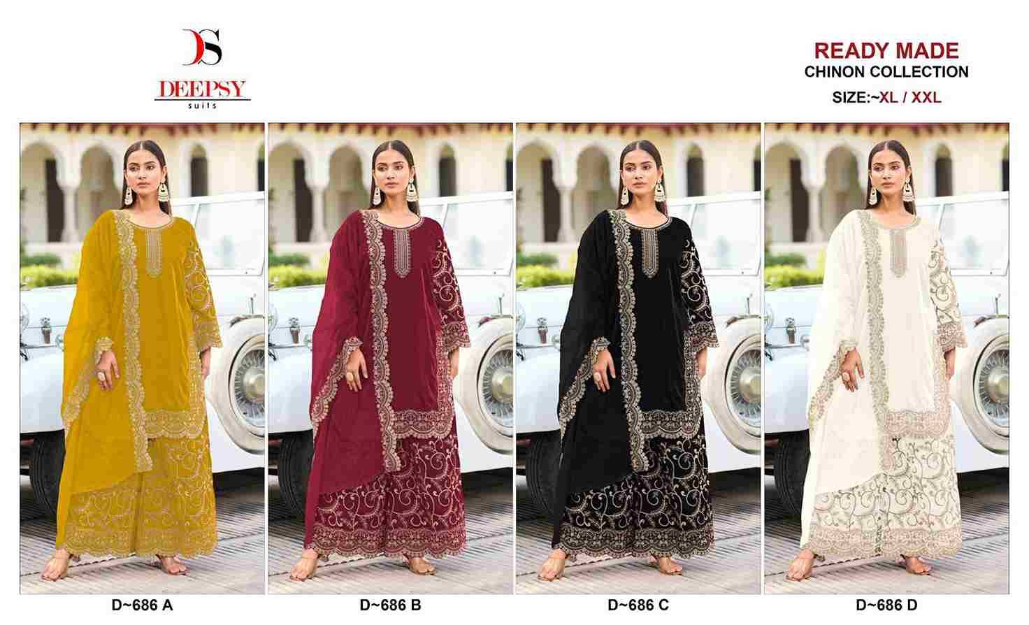 Deepsy Hit Design 686 Colours By Deepsy Suits 686-A To 686-D Series Beautiful Pakistani Suits Colorful Stylish Fancy Casual Wear & Ethnic Wear Pure Chinnon Embroidered Dresses At Wholesale Price