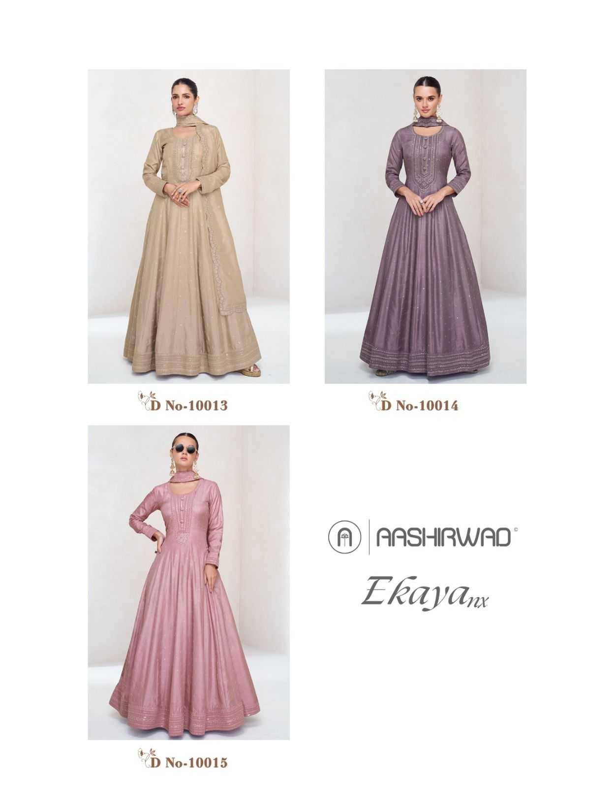 Ekaya Nx By Aashirwad Creation 10013 To 10015 Series Designer Stylish Fancy Colorful Beautiful Party Wear & Ethnic Wear Collection Premium Silk Gowns With Bottom At Wholesale Price