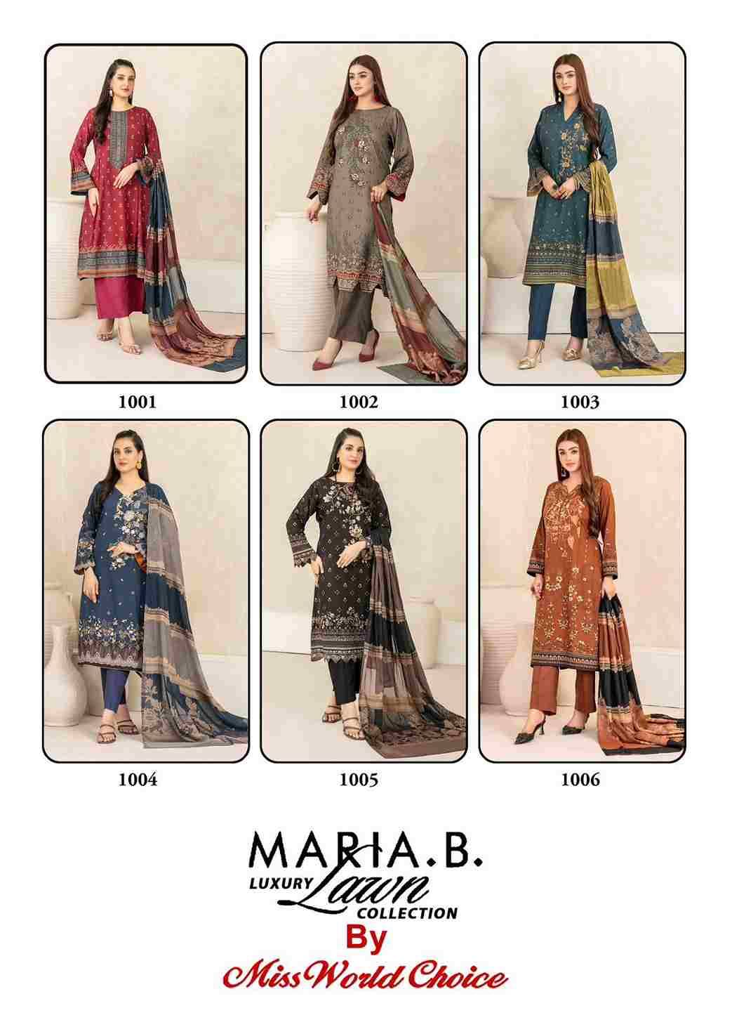 Maria.B. Luxury Lawn Collection By Miss World Choice 1001 To 1006 Series Beautiful Festive Suits Stylish Fancy Colorful Casual Wear & Ethnic Wear Lawn Cotton Print Dresses At Wholesale Price