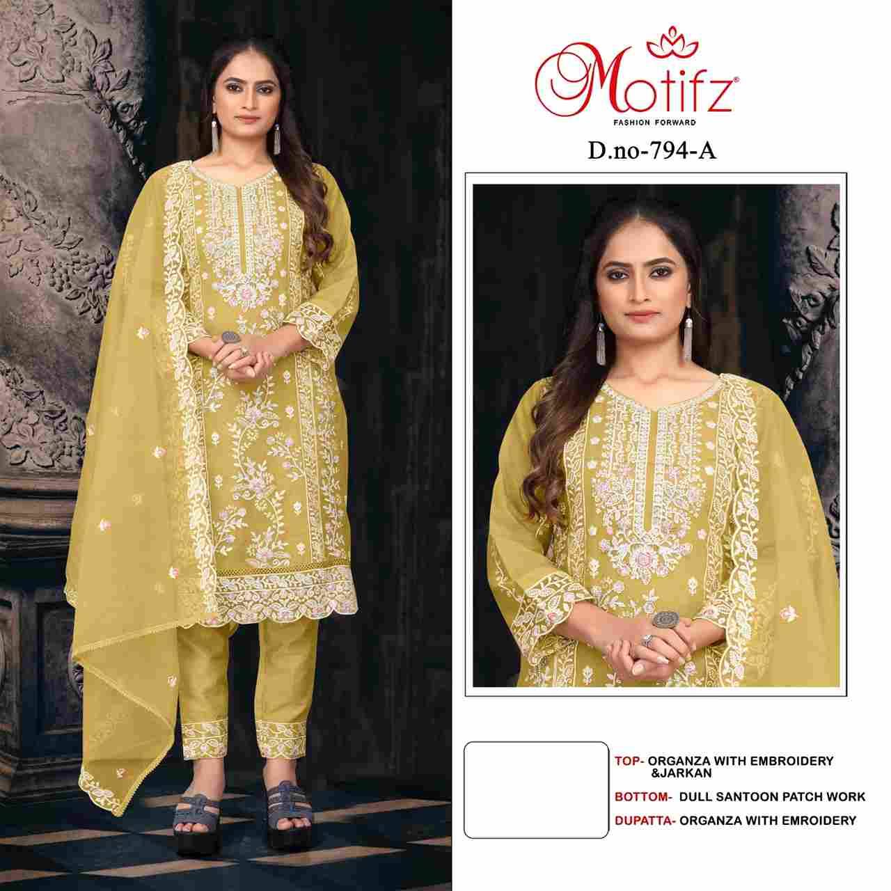 Motifz Hit Design 794 Colours By Motifz 794-A To 794-D Series Beautiful Pakistani Suits Colorful Stylish Fancy Casual Wear & Ethnic Wear Organza Dresses At Wholesale Price