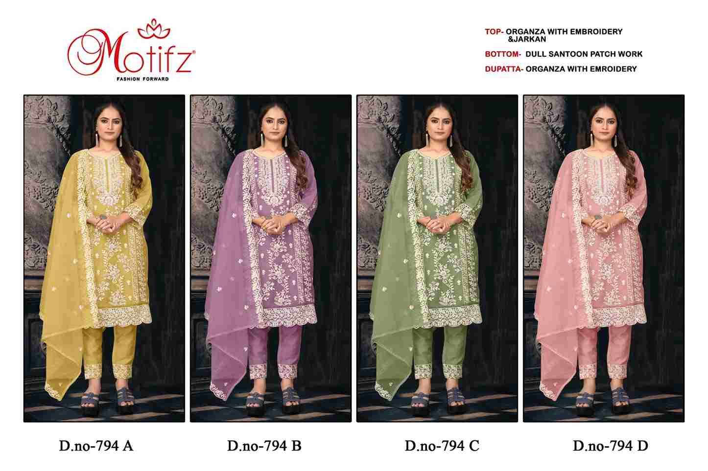 Motifz Hit Design 794 Colours By Motifz 794-A To 794-D Series Beautiful Pakistani Suits Colorful Stylish Fancy Casual Wear & Ethnic Wear Organza Dresses At Wholesale Price