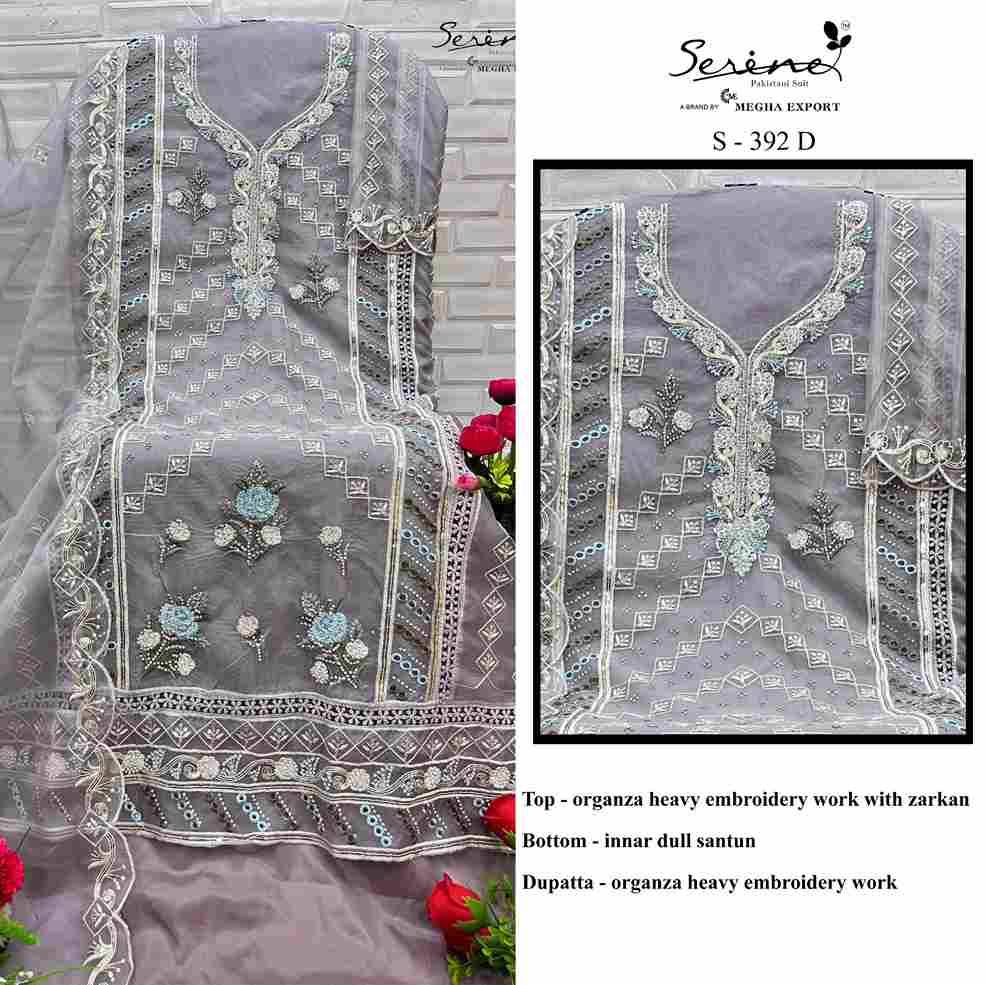 Serene Hit Design S-392 Colours By Serene S-392-A To S-392-D Series Designer Pakistani Suits Beautiful Fancy Colorful Stylish Party Wear & Occasional Wear Organza Embroidered Dresses At Wholesale Price