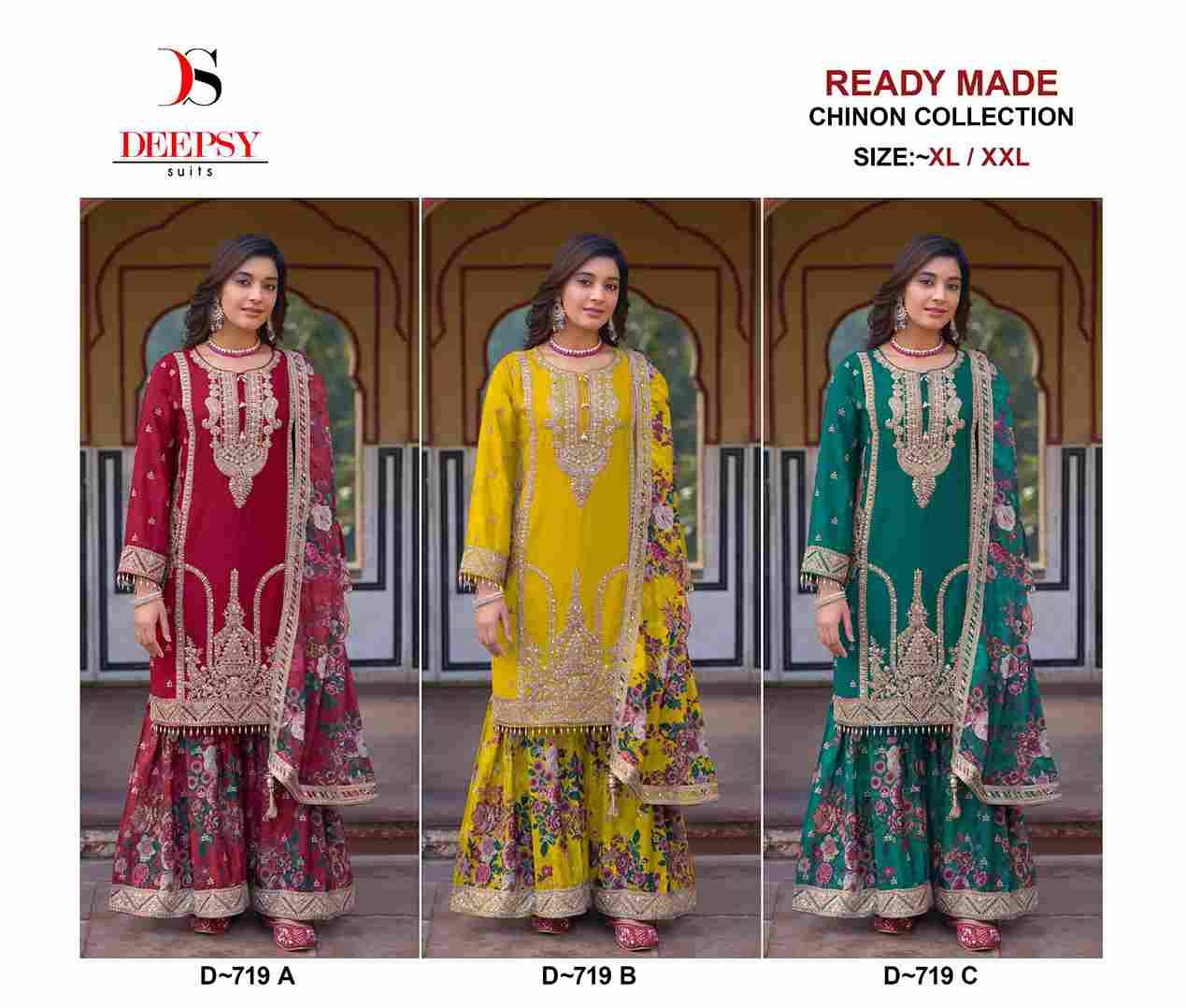 Deepsy Hit Design 719 Colours By Deepsy Suits 719-A To 719-C Series Beautiful Pakistani Suits Colorful Stylish Fancy Casual Wear & Ethnic Wear Pure Chinnon Embroidered Dresses At Wholesale Price