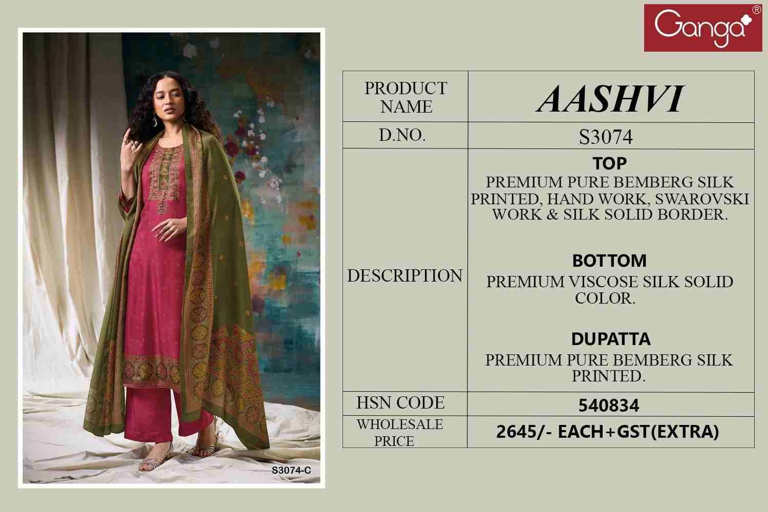 Aashvi-3074 By Ganga Fashion 3074-A To 3074-C Series Beautiful Festive Suits Colorful Stylish Fancy Casual Wear & Ethnic Wear Pure Bemberg Silk Dresses At Wholesale Price