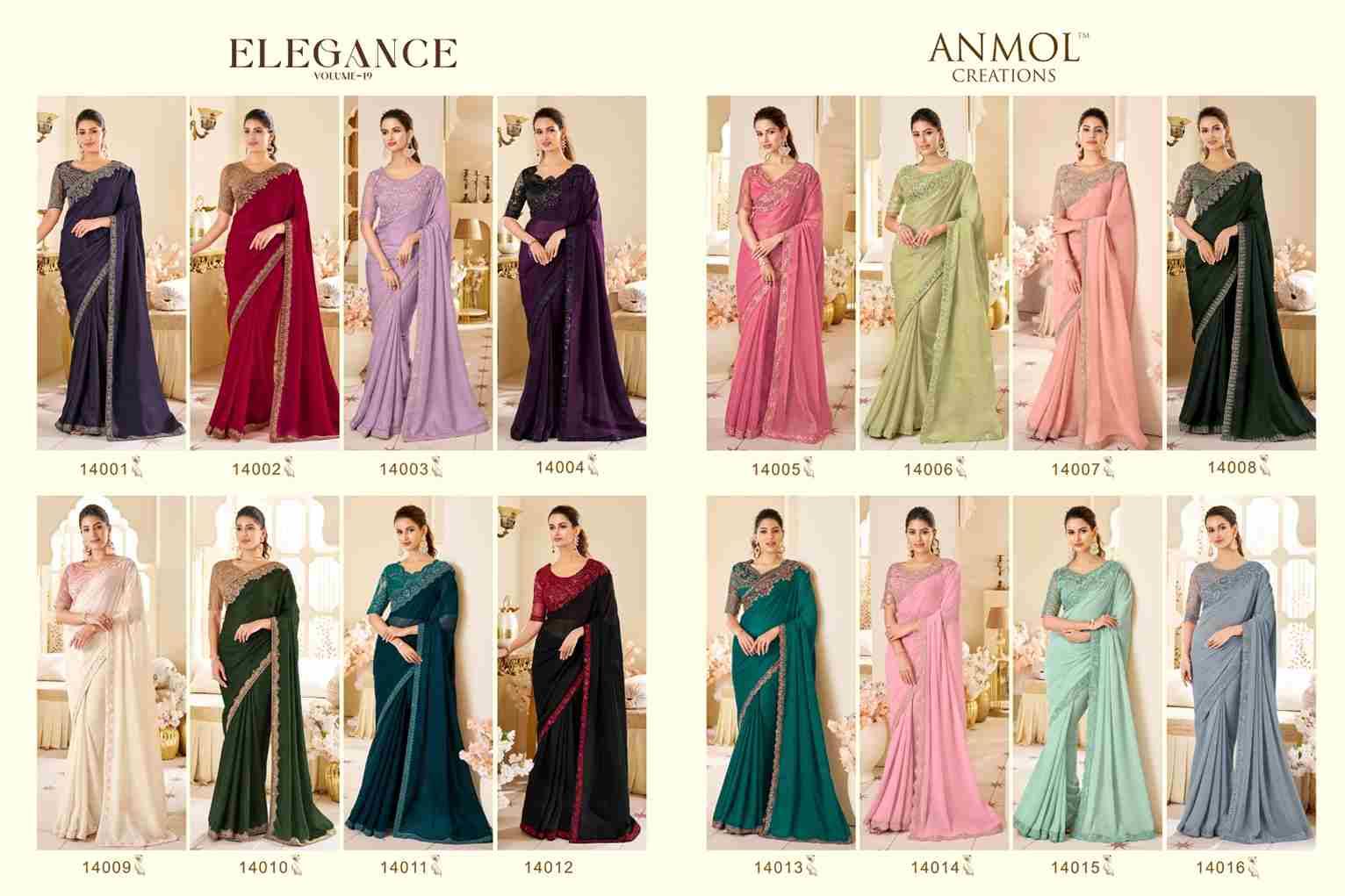 Elegance Vol-19 By Anmol Creation 14001 To 14016 Series Indian Traditional Wear Collection Beautiful Stylish Fancy Colorful Party Wear & Occasional Wear Georgette Sarees At Wholesale Price