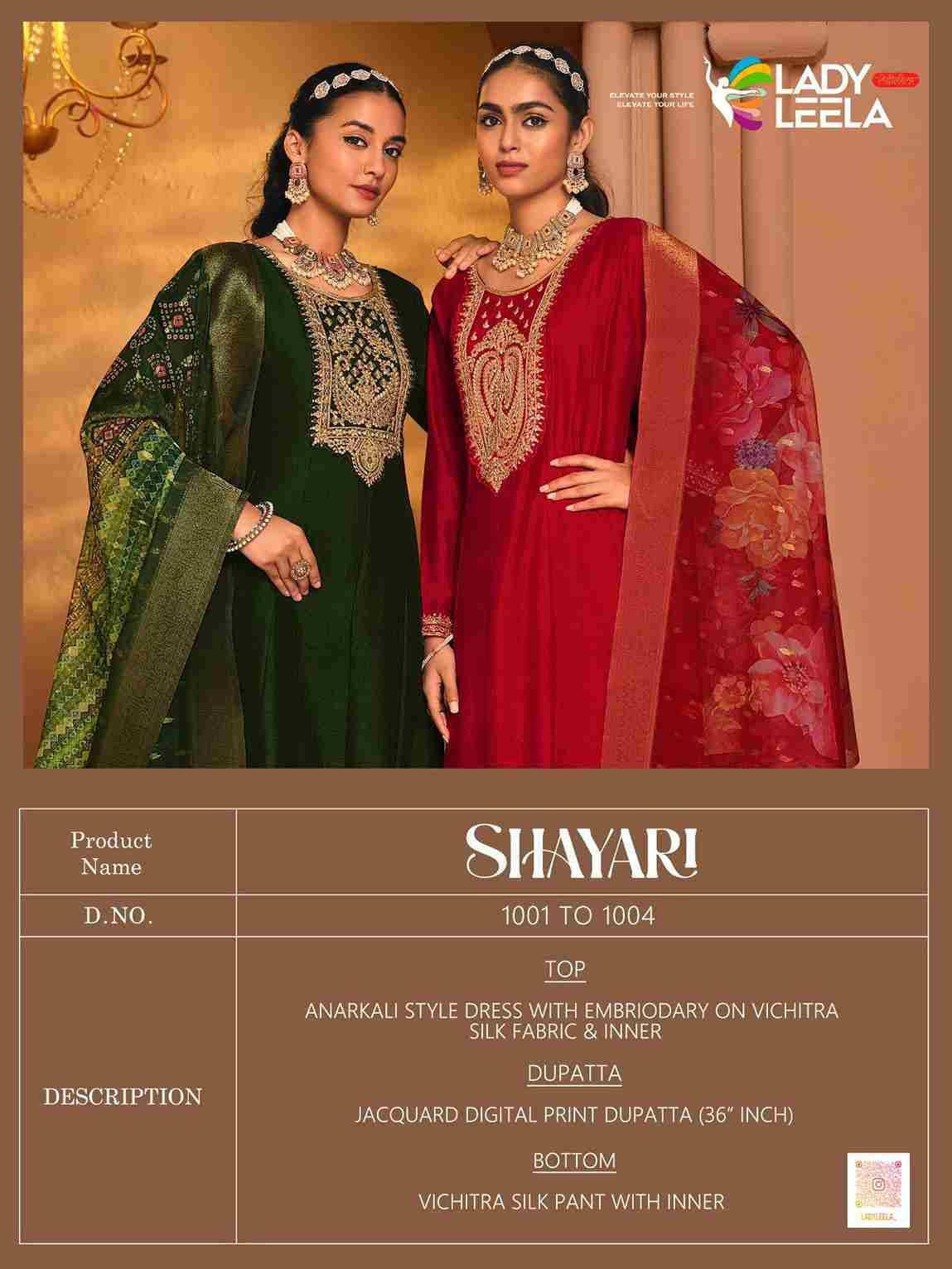 Shayari By Lady Leela 1001 To 1004 Series Designer Festive Suits Collection Beautiful Stylish Fancy Colorful Party Wear & Occasional Wear Vichitra Silk Dresses At Wholesale Price