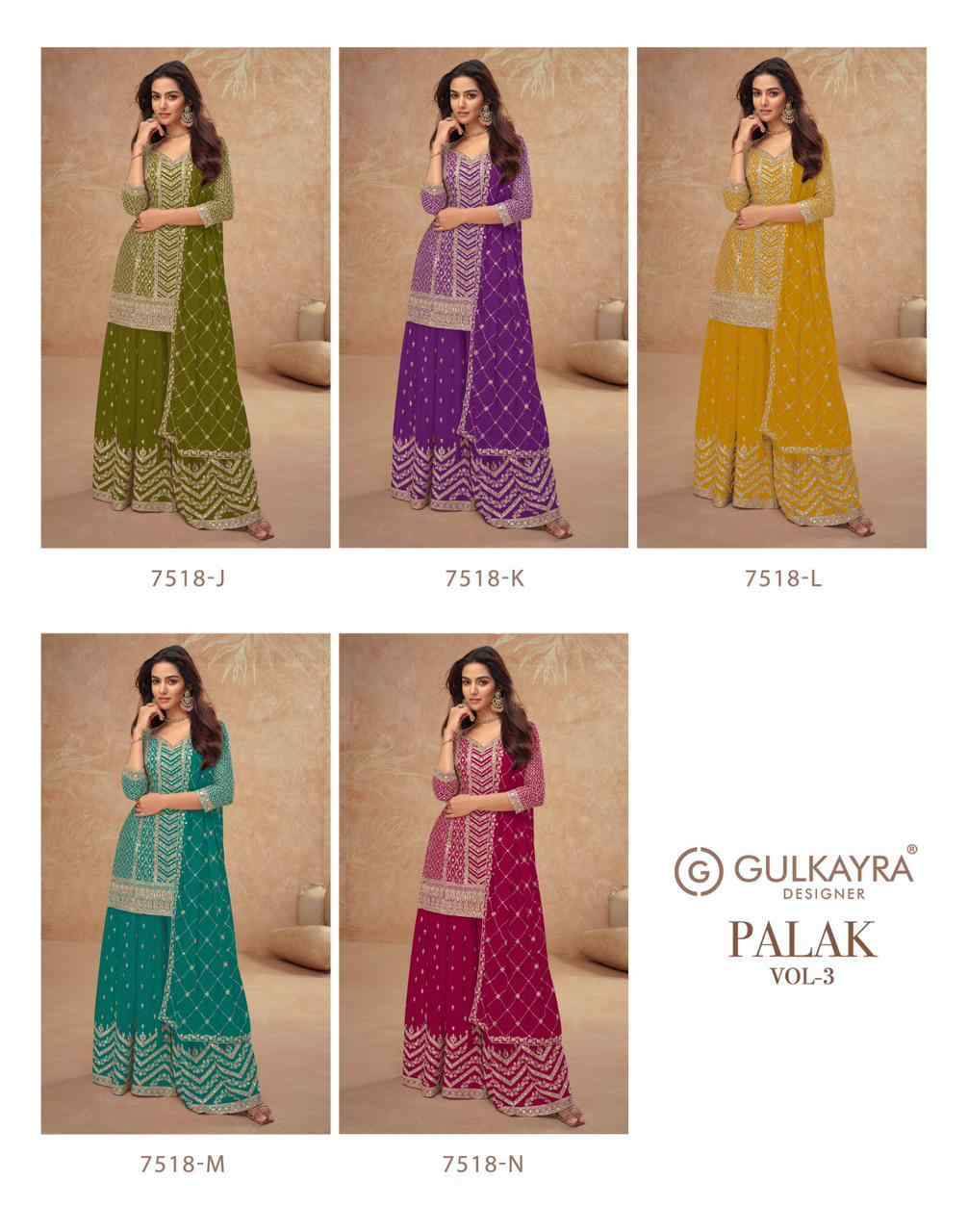 Palak Vol-3 By Gulkayra Designer 7518-J To 7518-N Series Beautiful Suits Colorful Stylish Fancy Casual Wear & Ethnic Wear Chinnon Dresses At Wholesale Price