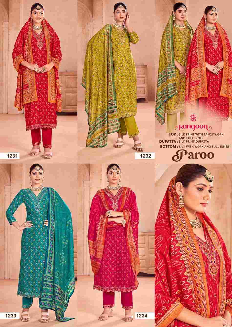 Paroo By Rangoon 1231 To 1234 Series Beautiful Stylish Festive Suits Fancy Colorful Casual Wear & Ethnic Wear & Ready To Wear Pure Silk Print Dresses At Wholesale Price