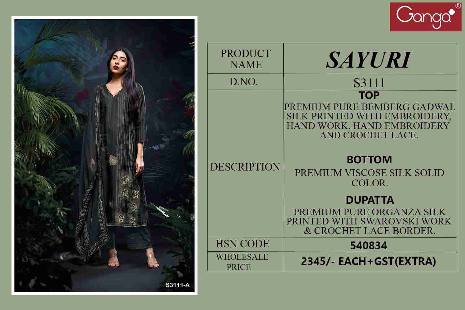 Sayuri-3111 By Ganga Fashion 3111-A To 3111-C Series Beautiful Festive Suits Colorful Stylish Fancy Casual Wear & Ethnic Wear Pure Bemberg Silk Dresses At Wholesale Price