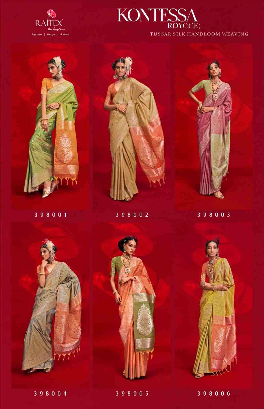 Kontessa Roycce By Raj Tex 398001 To 398006 Series Indian Traditional Wear Collection Beautiful Stylish Fancy Colorful Party Wear & Occasional Wear Handloom Silk Sarees At Wholesale Price