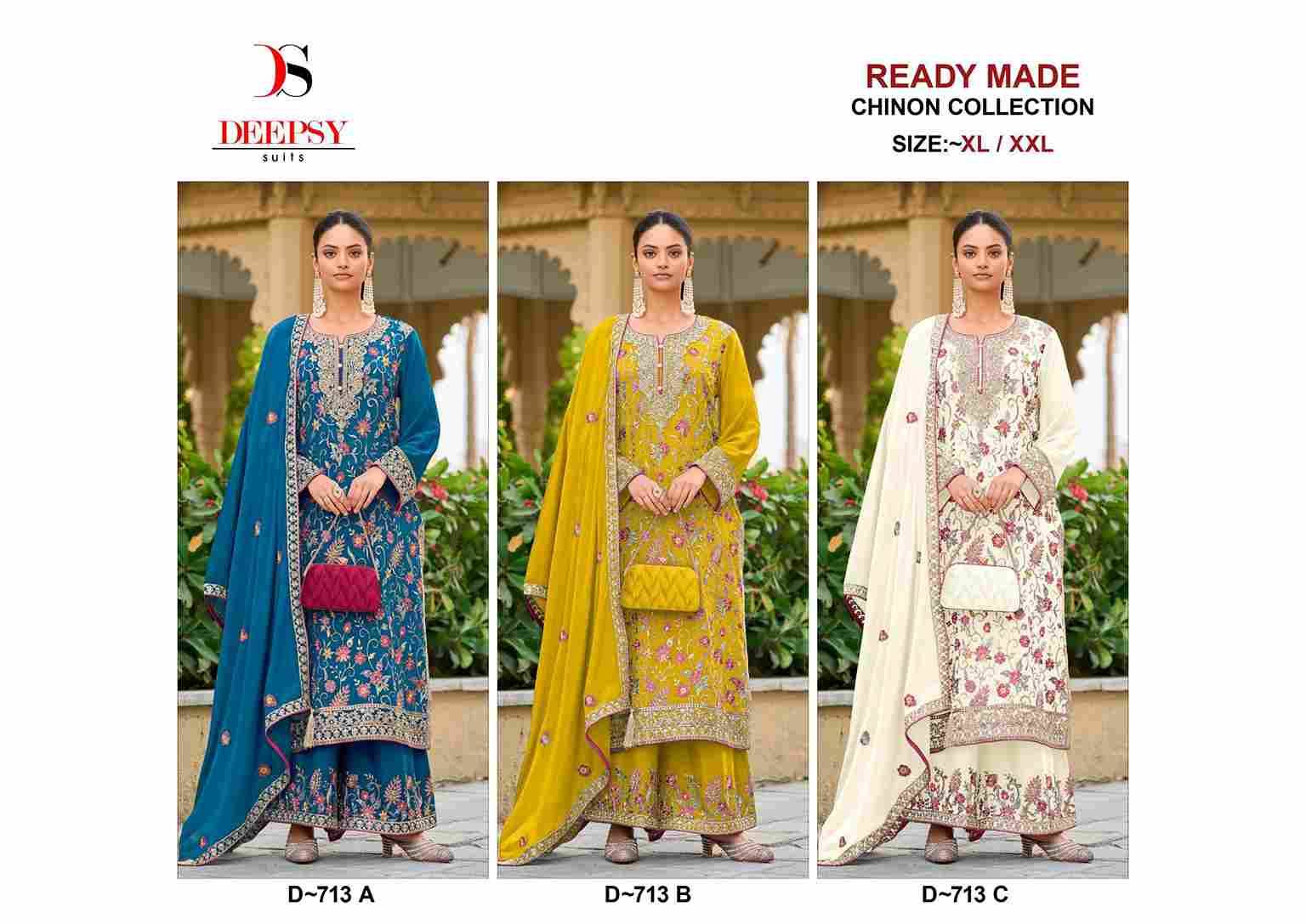 Deepsy Hit Design 713 Colours By Deepsy Suits 713-A To 713-C Series Beautiful Pakistani Suits Colorful Stylish Fancy Casual Wear & Ethnic Wear Pure Chinnon Embroidered Dresses At Wholesale Price