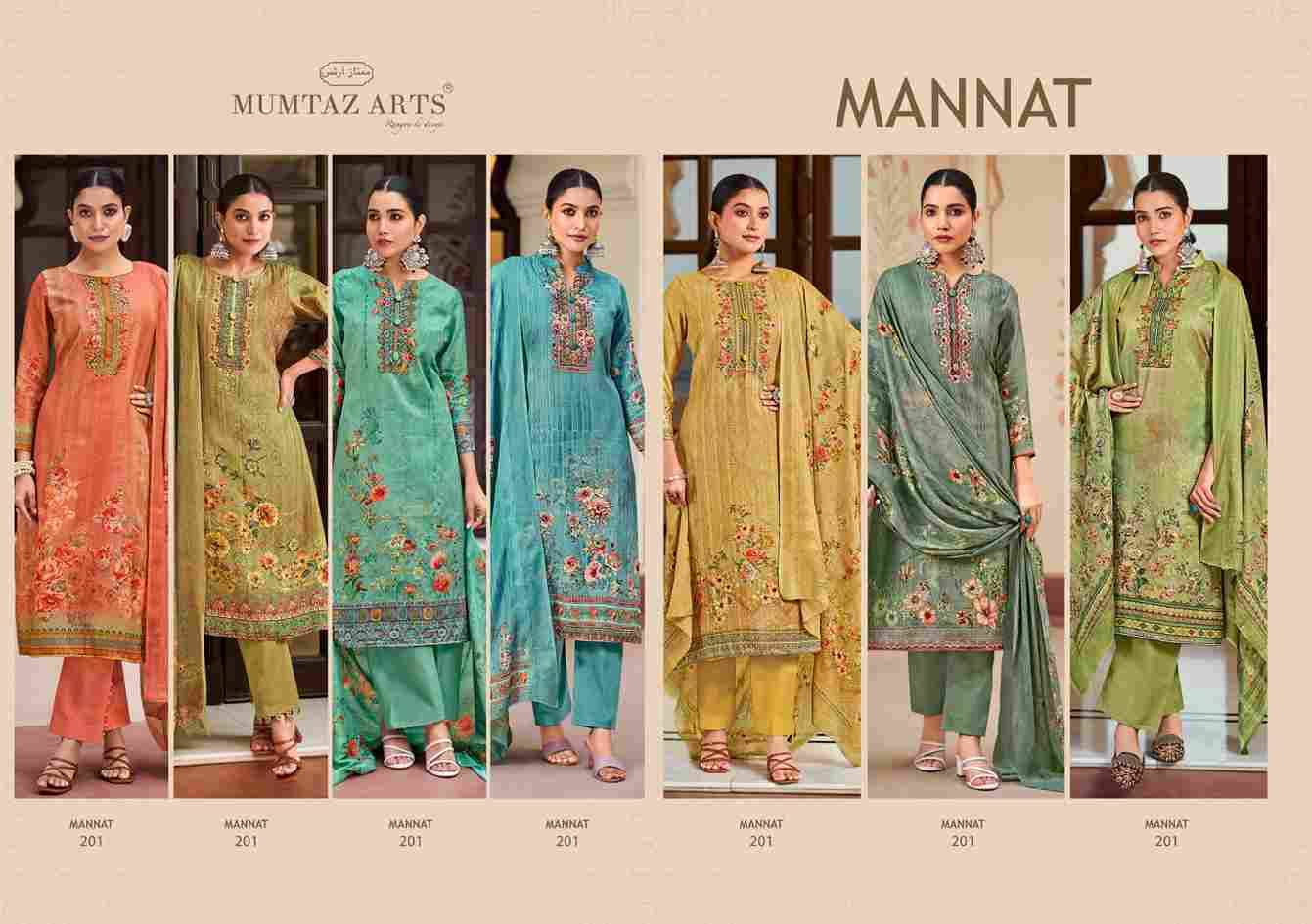 Mannat 201 Series By Mumtaz Arts 201 To 207 Series Beautiful Festive Suits Colorful Stylish Fancy Casual Wear & Ethnic Wear Pure Jam Print With Work Dresses At Wholesale Price