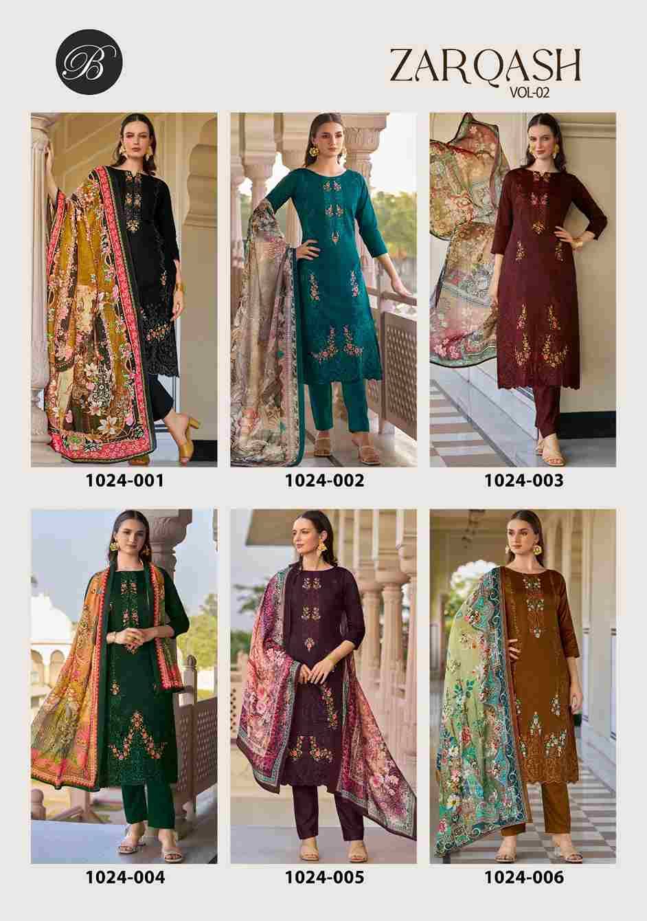 Zarqash Vol-2 By Belliza 1024-001 To 1024-006 Series Beautiful Festive Suits Stylish Fancy Colorful Casual Wear & Ethnic Wear Pure Jam Print Dresses At Wholesale Price