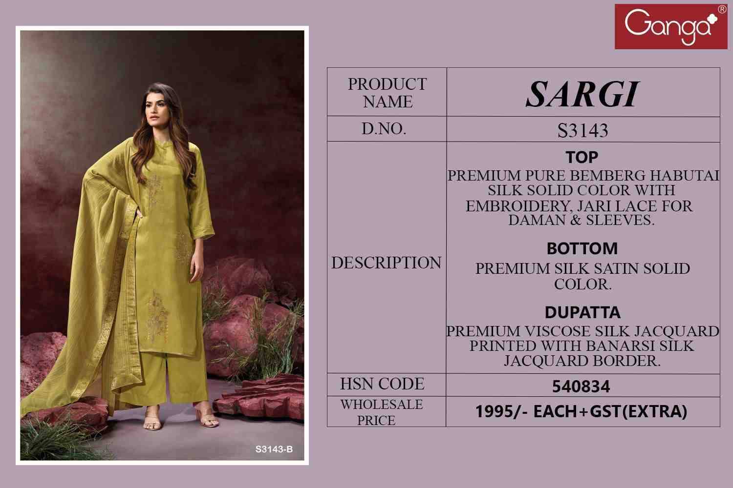 Sargi-3143 By Ganga Fashion 3143-A To 3143-C Series Beautiful Festive Suits Colorful Stylish Fancy Casual Wear & Ethnic Wear Pure Bemberg Silk Dresses At Wholesale Price