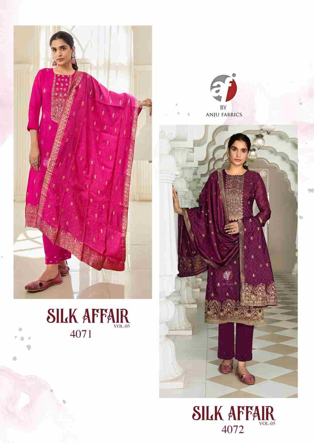 Silk Affair Vol-5 By Anju Fabrics 4071 To 4074 Series Beautiful Festive Suits Colorful Stylish Fancy Casual Wear & Ethnic Wear Dola Silk Jacquard Dresses At Wholesale Price