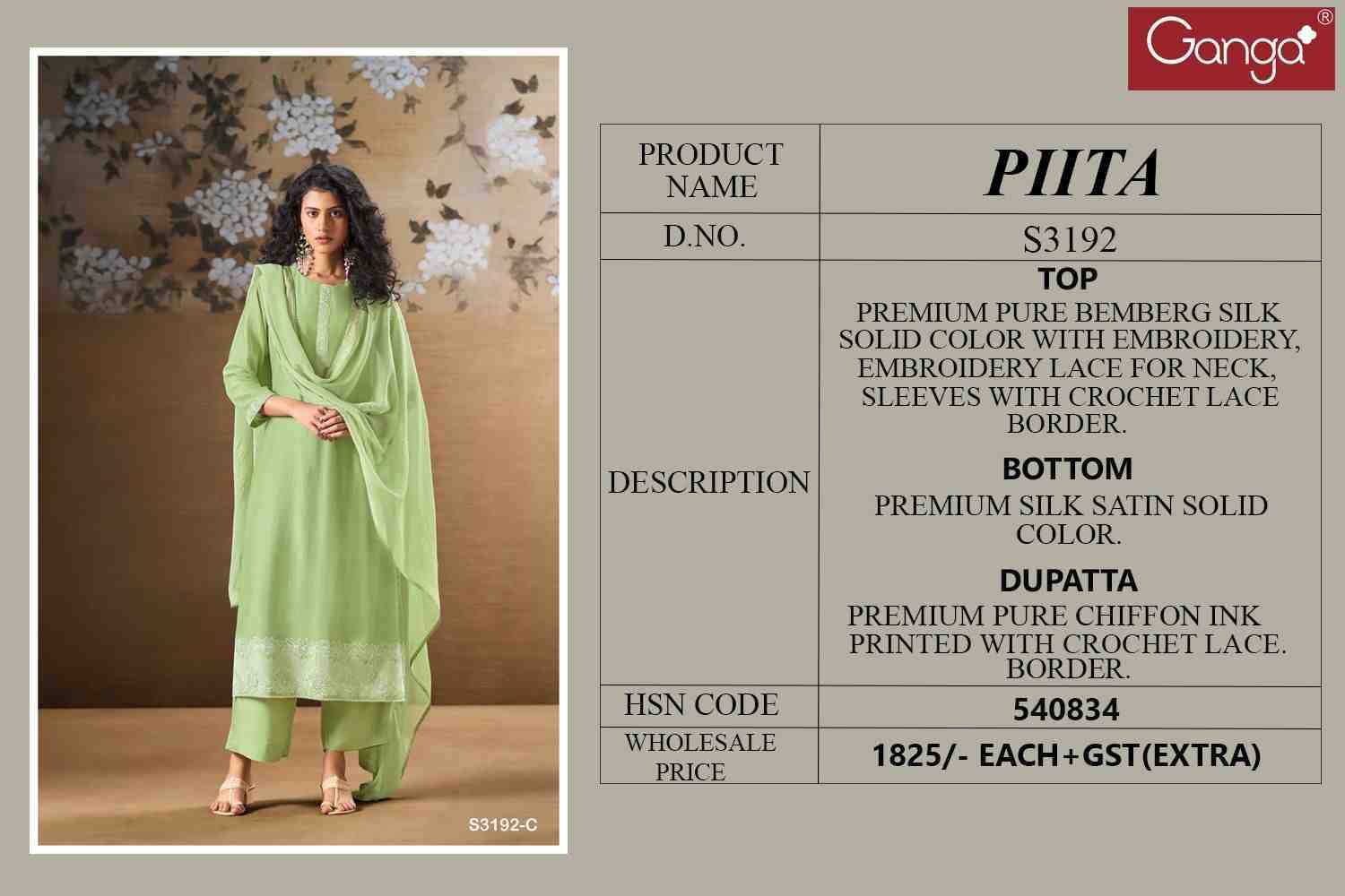 Piita-3192 By Ganga Fashion 3192-A To 3192-C Series Beautiful Festive Suits Colorful Stylish Fancy Casual Wear & Ethnic Wear Pure Bemberg Silk Dresses At Wholesale Price