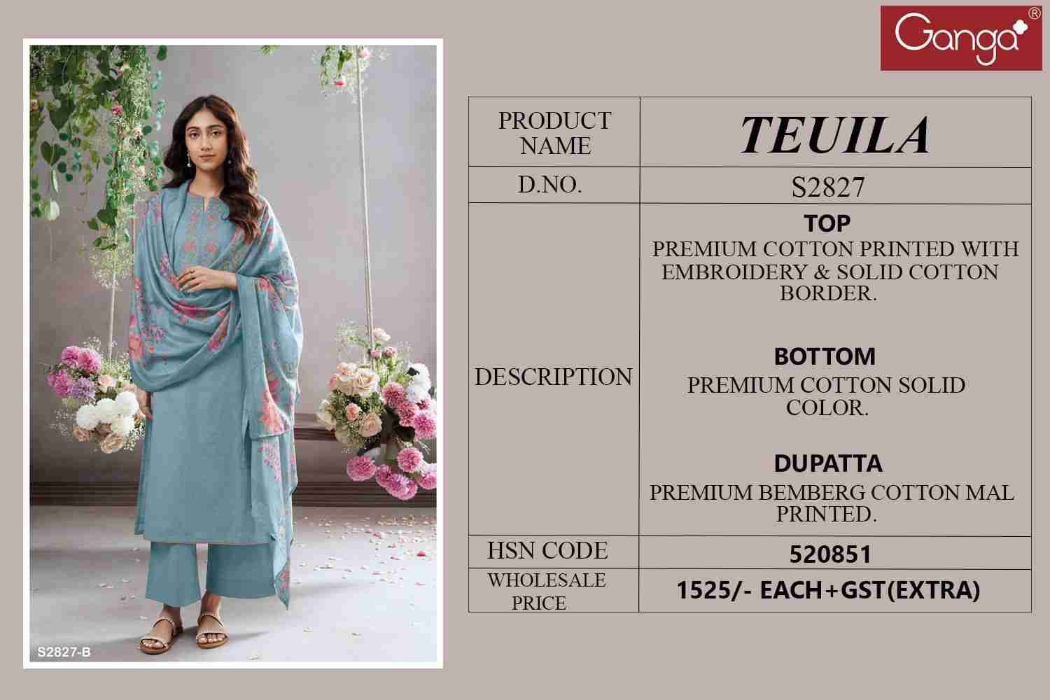 Teuila-2827 By Ganga Fashion 2827-A To 2827-D Series Beautiful Festive Suits Colorful Stylish Fancy Casual Wear & Ethnic Wear Pure Cotton Print Dresses At Wholesale Price