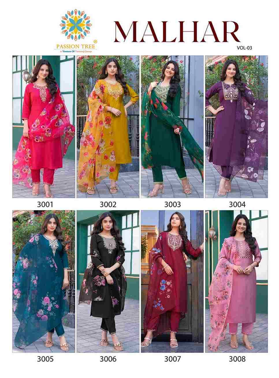 Malhar Vol-3 By Passion Tree 3001 To 3008 Series Beautiful Stylish Festive Suits Fancy Colorful Casual Wear & Ethnic Wear & Ready To Wear Roman Silk Dresses At Wholesale Price