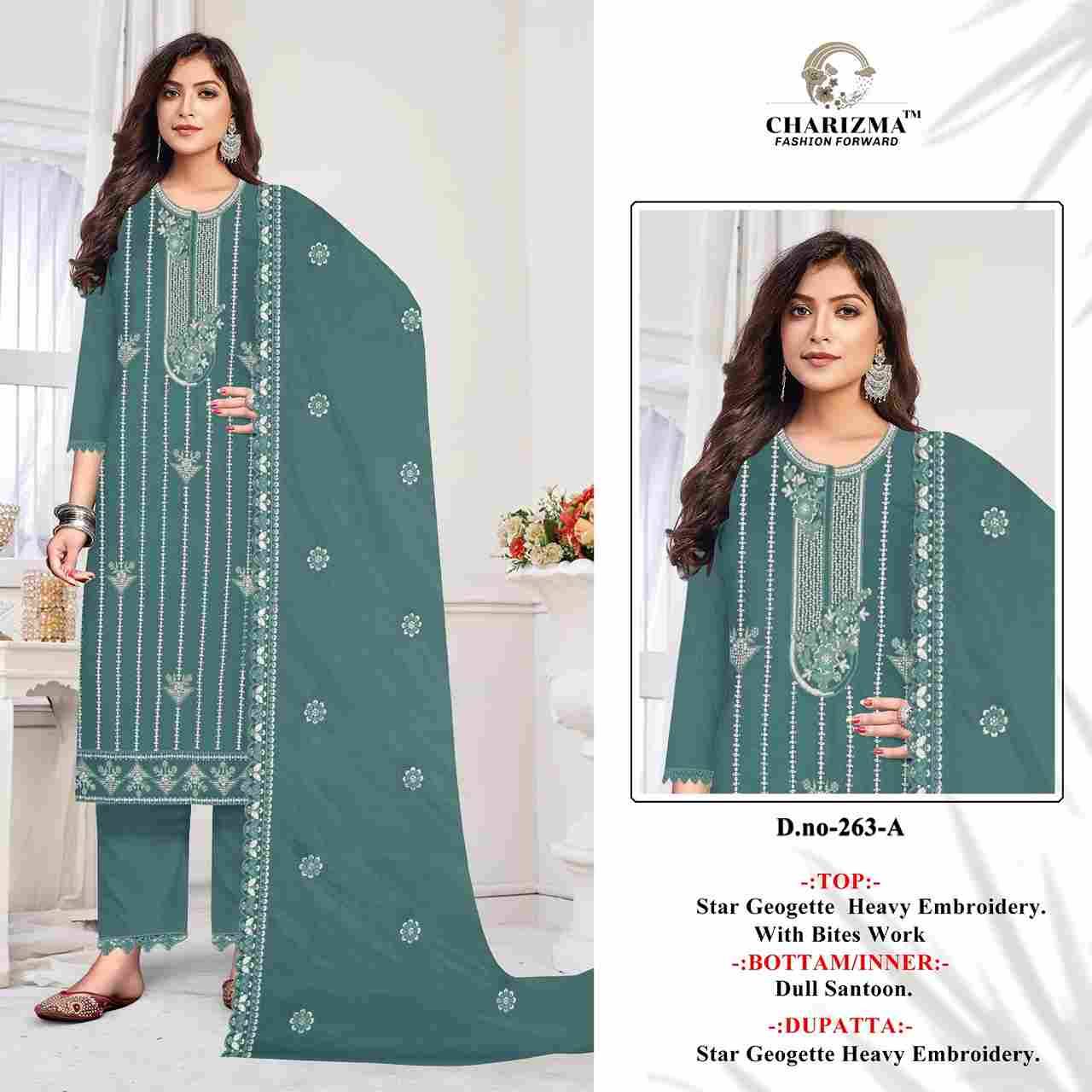 Charizma 263 Colours By Charizma Fashion 263-A To 263-D Series Beautiful Pakistani Suits Colorful Stylish Fancy Casual Wear & Ethnic Wear Soft Georgette Embroidered Dresses At Wholesale Price