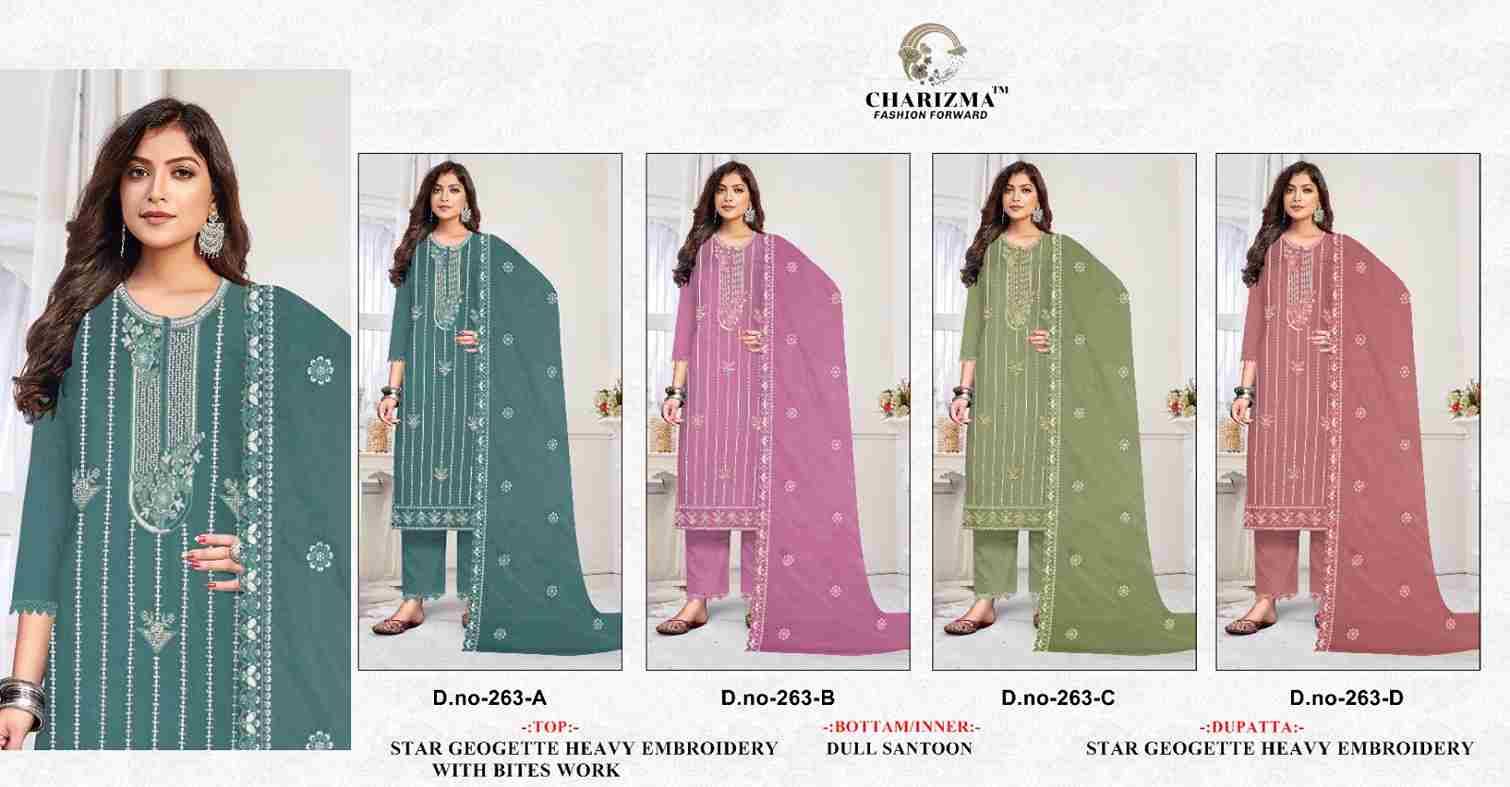 Charizma 263 Colours By Charizma Fashion 263-A To 263-D Series Beautiful Pakistani Suits Colorful Stylish Fancy Casual Wear & Ethnic Wear Soft Georgette Embroidered Dresses At Wholesale Price