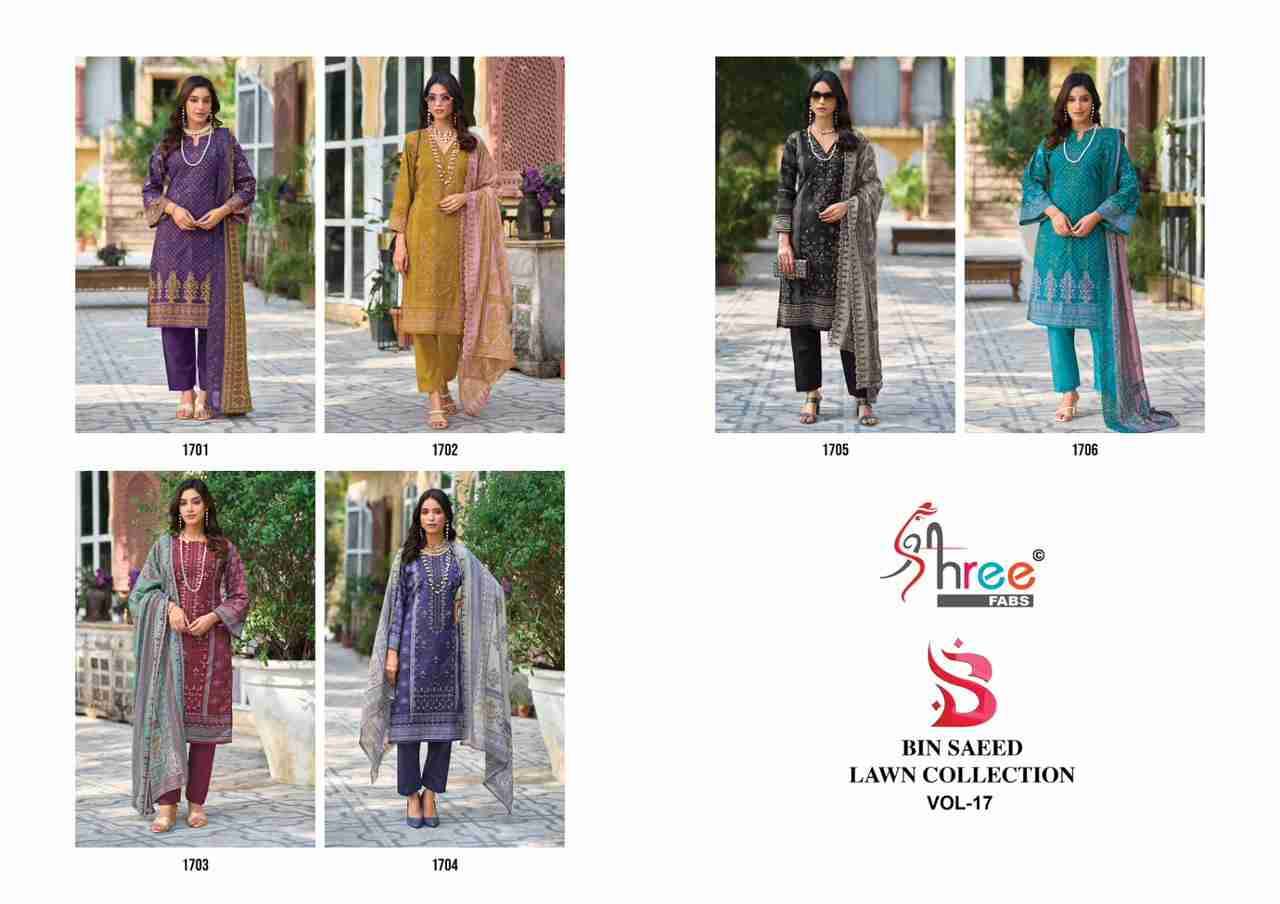 Bin Saeed Lawn Collection Vol-17 By Shree Fabs 1701 To 1706 Series Beautiful Pakistani Suits Colorful Stylish Fancy Casual Wear & Ethnic Wear Pure Cotton With Embroidered Dresses At Wholesale Price