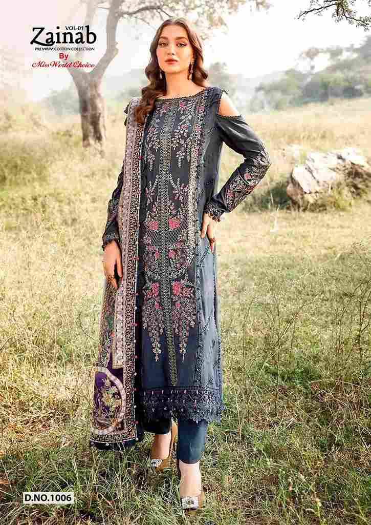 Zainab Vol-1 By Miss World Choice 1001 To 1006 Series Beautiful Festive Suits Colorful Stylish Fancy Casual Wear & Ethnic Wear Lawn Cotton Embroidered Dresses At Wholesale Price