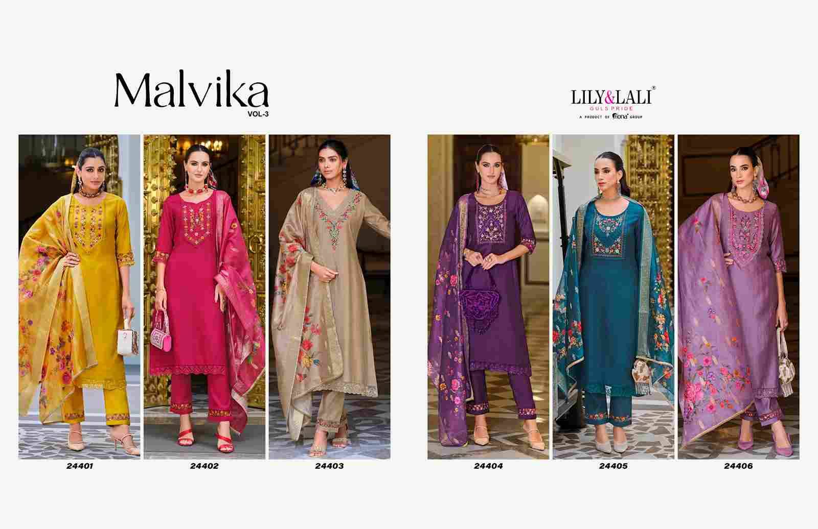 Malvika Vol-3 By Lily And Lali 24401 To 24406 Series Beautiful Festive Suits Colorful Stylish Fancy Casual Wear & Ethnic Wear Pure Viscose Organza Dresses At Wholesale Price