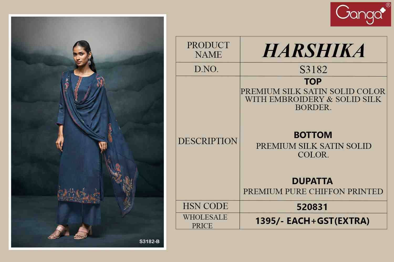 Harshika-3182 By Ganga Fashion 3182-A To 3182-D Series Beautiful Festive Suits Colorful Stylish Fancy Casual Wear & Ethnic Wear Pure Silk Satin Print Dresses At Wholesale Price