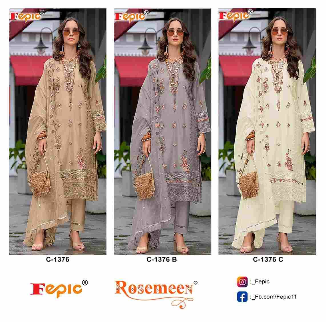 Fepic 1376 Colours By Fepic 1376-A To 1376-C Series Beautiful Pakistani Suits Colorful Stylish Fancy Casual Wear & Ethnic Wear Organza Embroidered Dresses At Wholesale Price