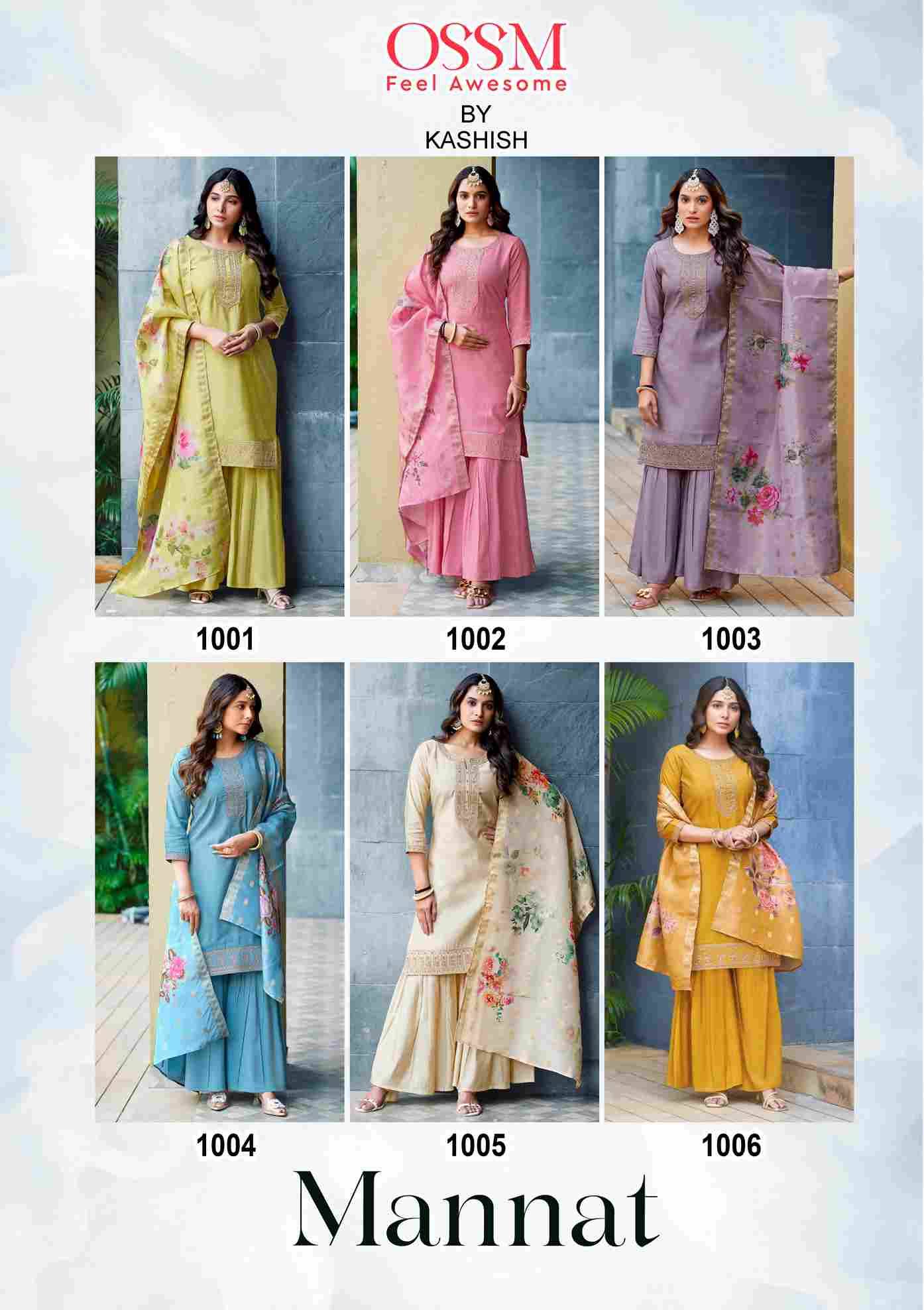 Mannat By Ossm 1001 To 1006 Series Beautiful Stylish Festive Suits Fancy Colorful Casual Wear & Ethnic Wear & Ready To Wear Pure Viscose Silk Dresses At Wholesale Price