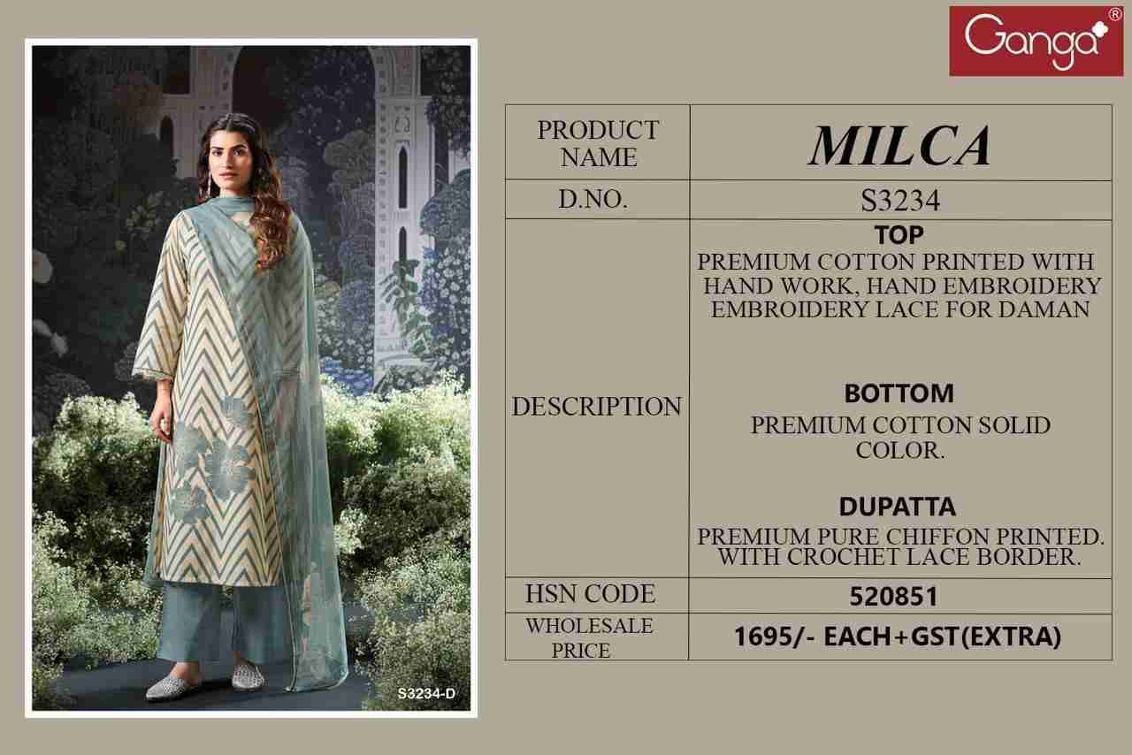 Milca-3234 By Ganga Fashion 3234-A To 3234-D Series Beautiful Festive Suits Colorful Stylish Fancy Casual Wear & Ethnic Wear Pure Cotton Print Dresses At Wholesale Price