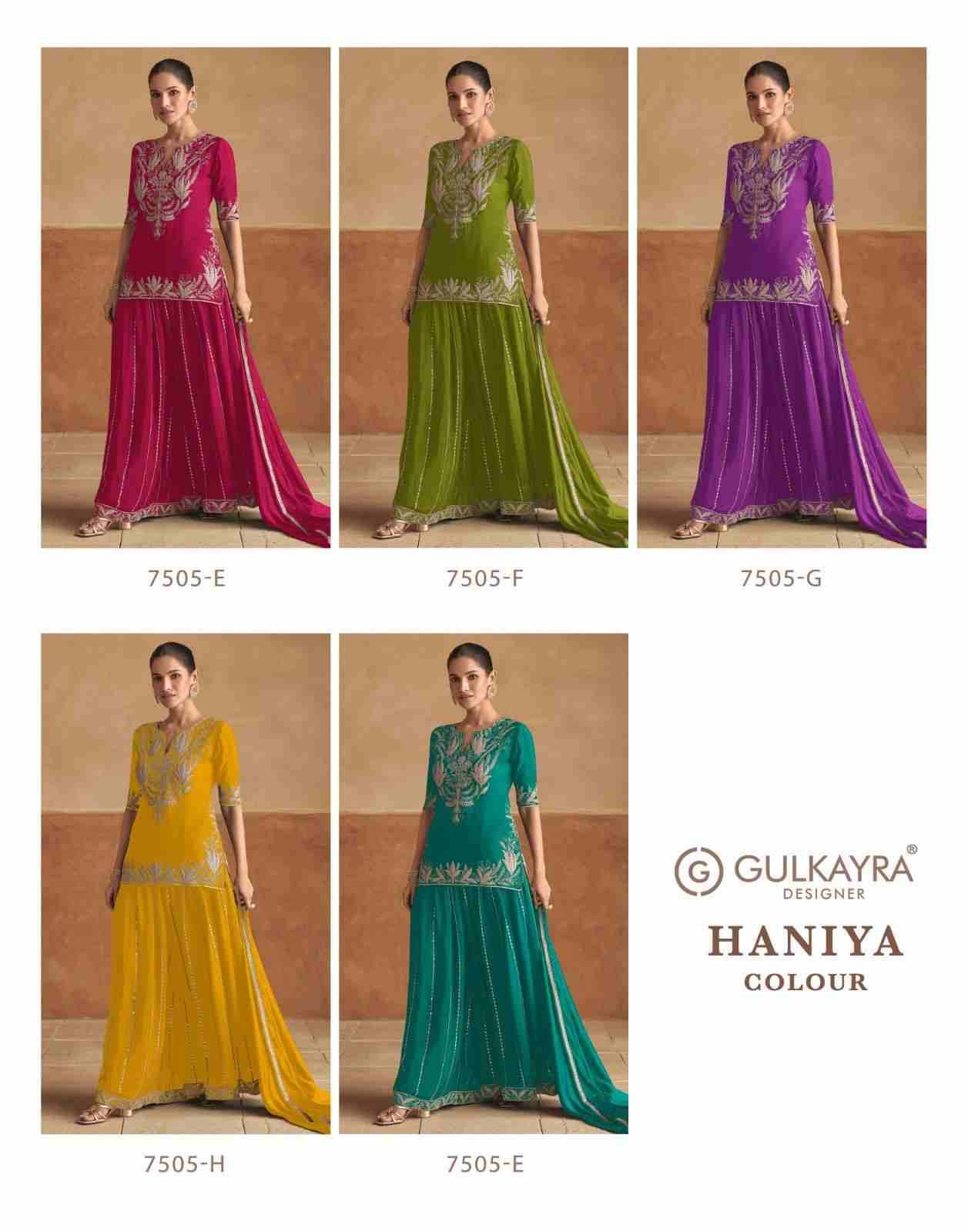 Haniya Colour By Gulkayra Designer 7505-E To 7505-I Series Beautiful Sharara Suits Colorful Stylish Fancy Casual Wear & Ethnic Wear Chinnon Embroidery Dresses At Wholesale Price