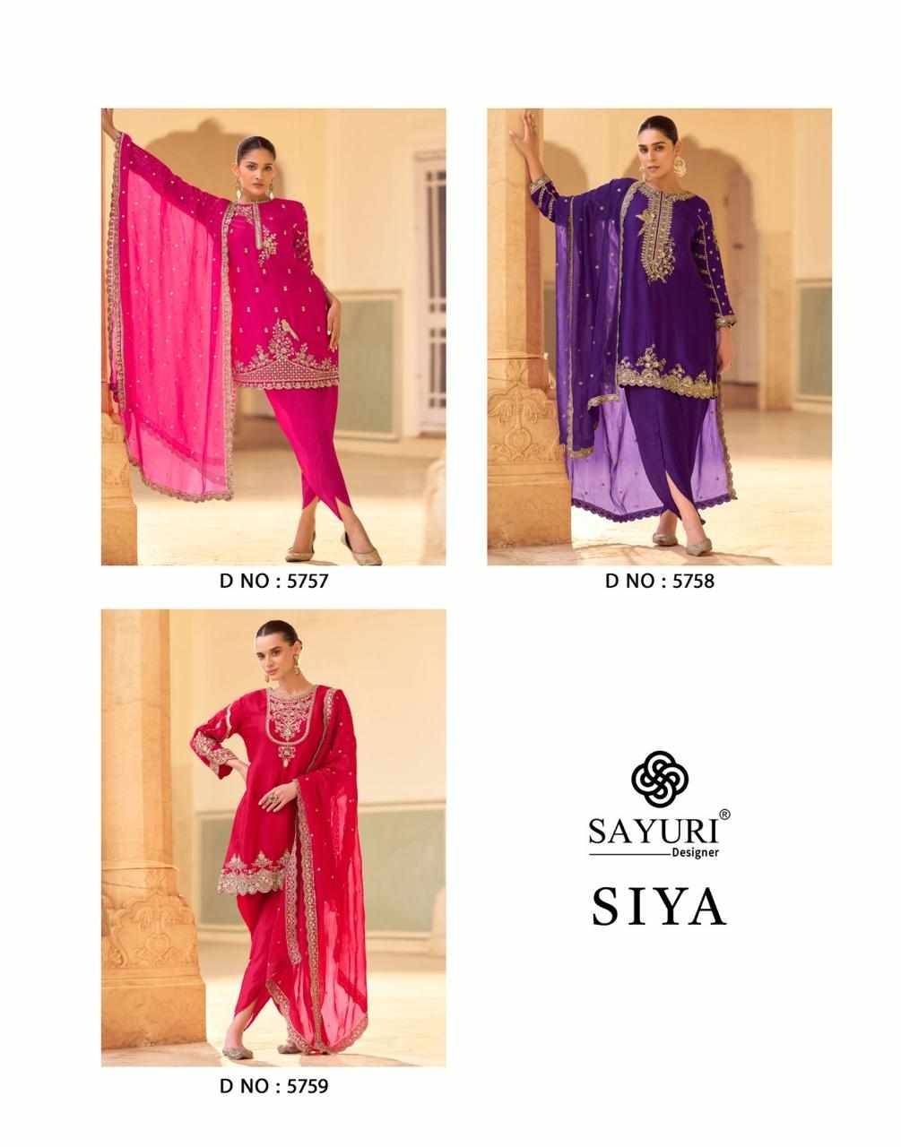 Siya By Sayuri 5757 To 5759 Series Designer Festive Suits Beautiful Fancy Colorful Stylish Party Wear & Occasional Wear Crepe Silk/Organza Silk Dresses At Wholesale Price