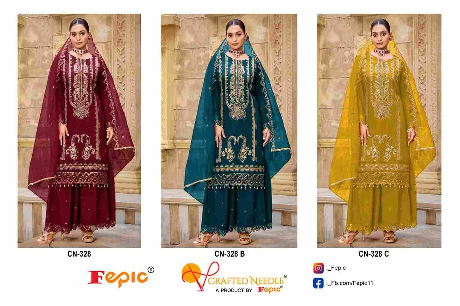 Fepic 328 Colours By Fepic 328-A To 328-C Series Beautiful Pakistani Suits Colorful Stylish Fancy Casual Wear & Ethnic Wear Organza Embroidered Dresses At Wholesale Price