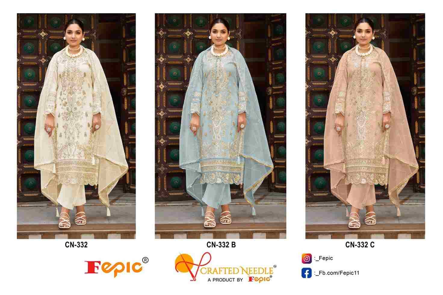 Fepic 332 Colours By Fepic 332-A To 332-C Series Beautiful Pakistani Suits Colorful Stylish Fancy Casual Wear & Ethnic Wear Organza Embroidered Dresses At Wholesale Price