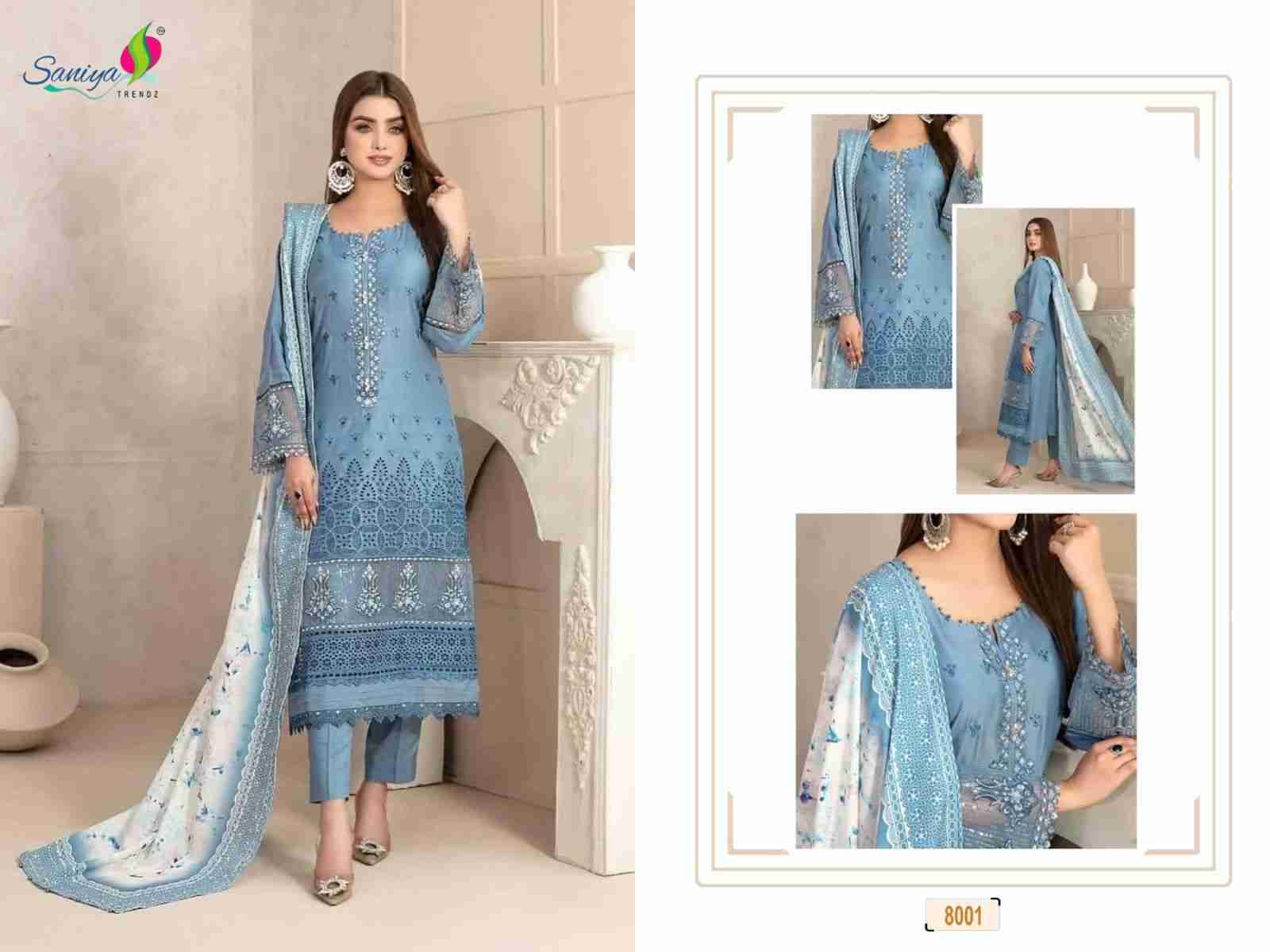 Rang Rasiya Vol-8 By Saniya Trendz 8001 To 8005 Series Beautiful Pakistani Suits Colorful Stylish Fancy Casual Wear & Ethnic Wear Cotton Embroidered Dresses At Wholesale Price