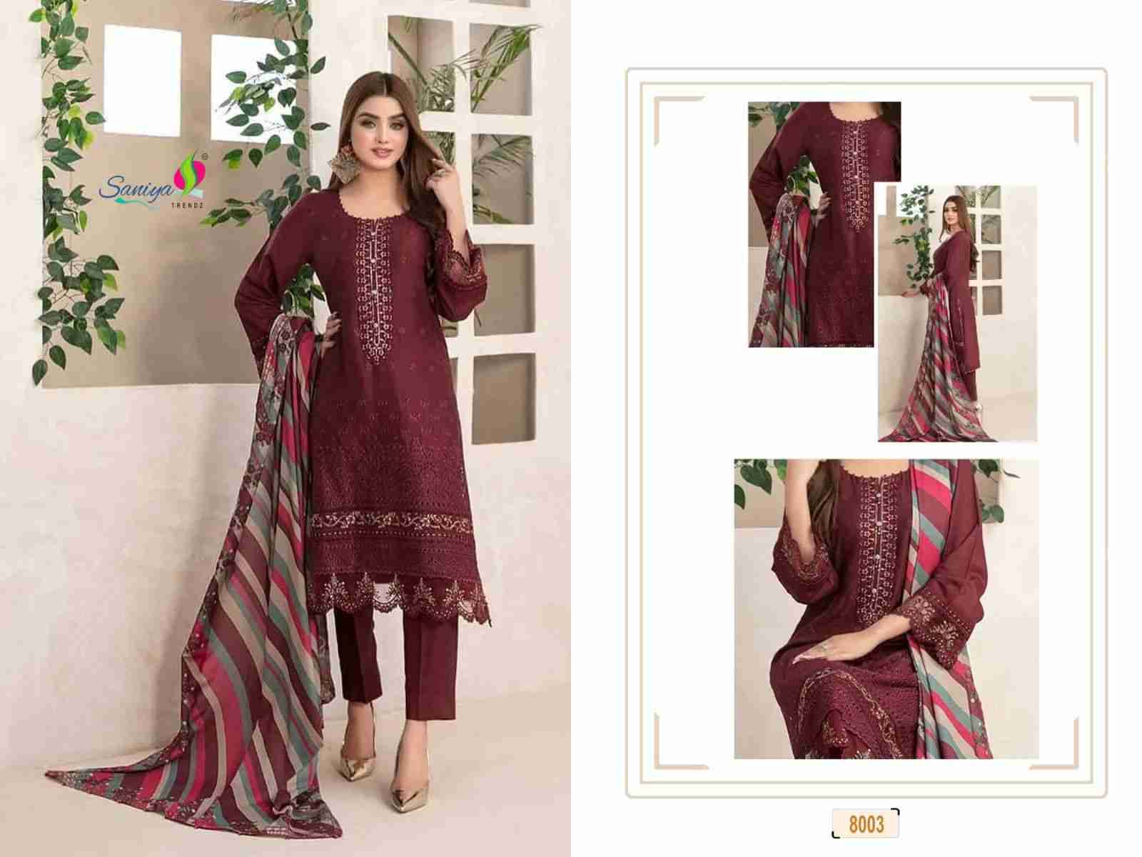 Rang Rasiya Vol-8 By Saniya Trendz 8001 To 8005 Series Beautiful Pakistani Suits Colorful Stylish Fancy Casual Wear & Ethnic Wear Cotton Embroidered Dresses At Wholesale Price