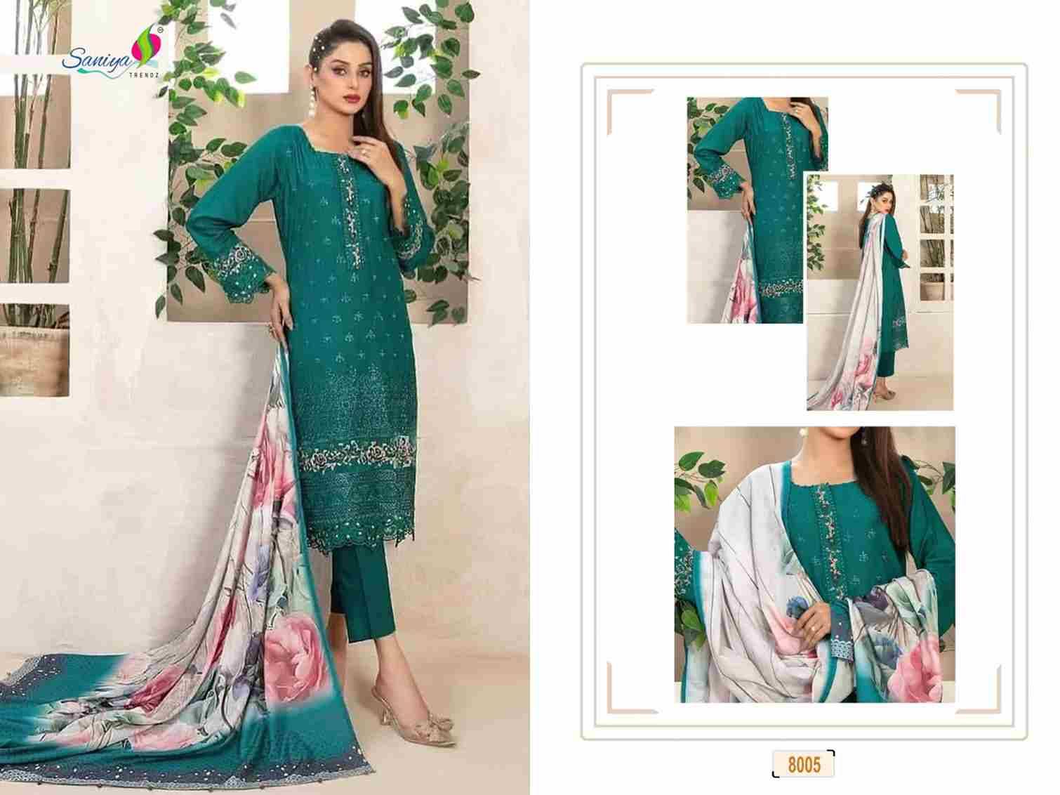 Rang Rasiya Vol-8 By Saniya Trendz 8001 To 8005 Series Beautiful Pakistani Suits Colorful Stylish Fancy Casual Wear & Ethnic Wear Cotton Embroidered Dresses At Wholesale Price