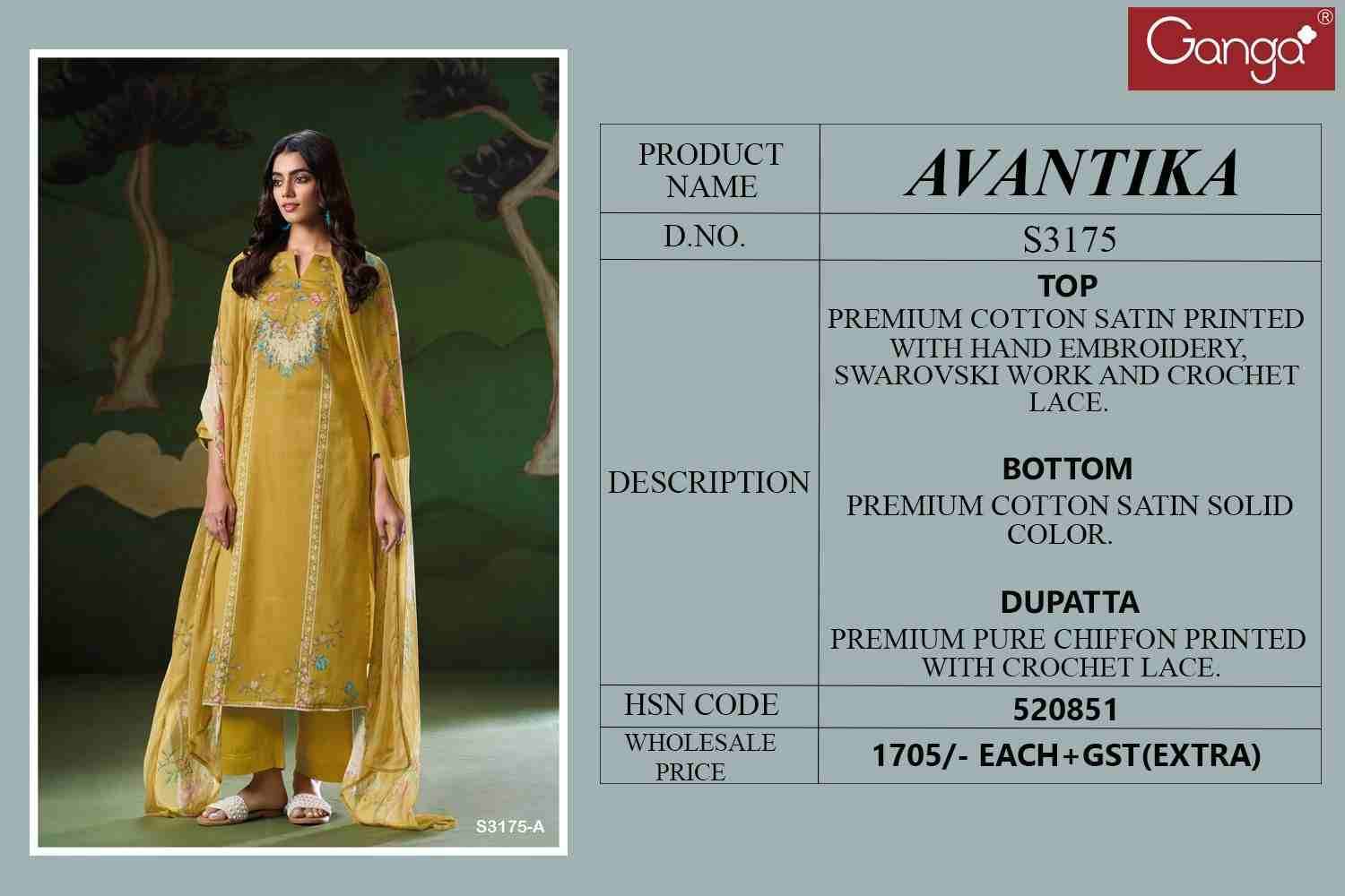 Avantika-3175 By Ganga Fashion 3175-A To 3175-D Series Beautiful Festive Suits Colorful Stylish Fancy Casual Wear & Ethnic Wear Pure Cotton Satin Print Dresses At Wholesale Price