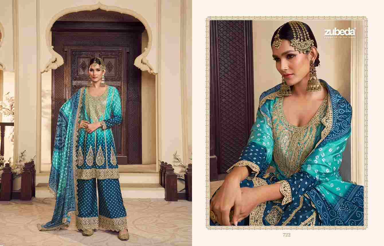 Sakhi By Zubeda 722 To 724 Series Beautiful Stylish Sharara Suits Fancy Colorful Casual Wear & Ethnic Wear & Ready To Wear Heavy Chinnon Silk Embroidered Dresses At Wholesale Price