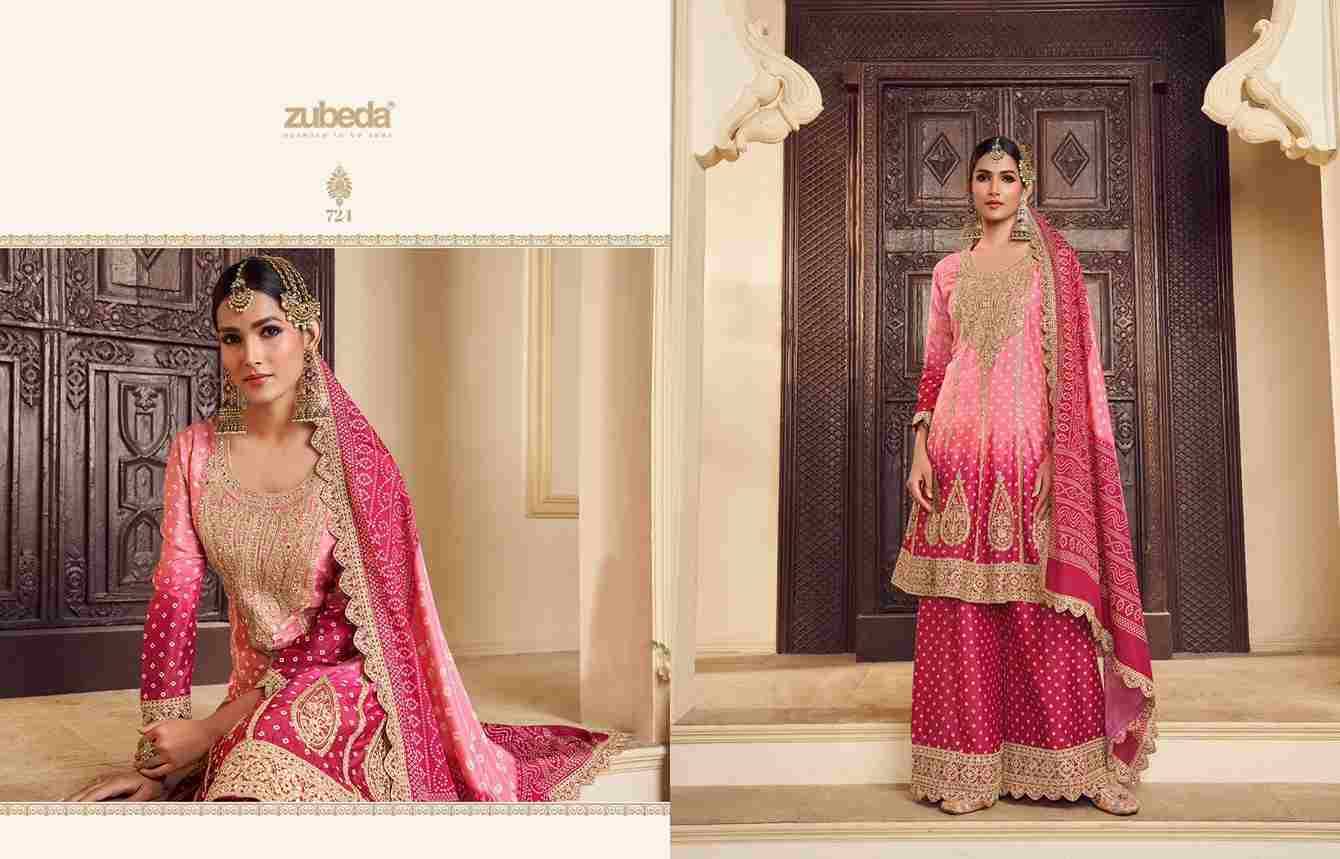 Sakhi By Zubeda 722 To 724 Series Beautiful Stylish Sharara Suits Fancy Colorful Casual Wear & Ethnic Wear & Ready To Wear Heavy Chinnon Silk Embroidered Dresses At Wholesale Price