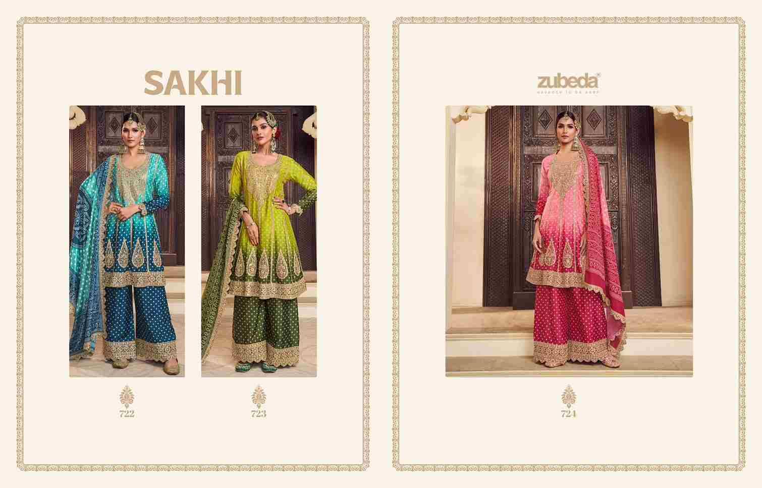 Sakhi By Zubeda 722 To 724 Series Beautiful Stylish Sharara Suits Fancy Colorful Casual Wear & Ethnic Wear & Ready To Wear Heavy Chinnon Silk Embroidered Dresses At Wholesale Price