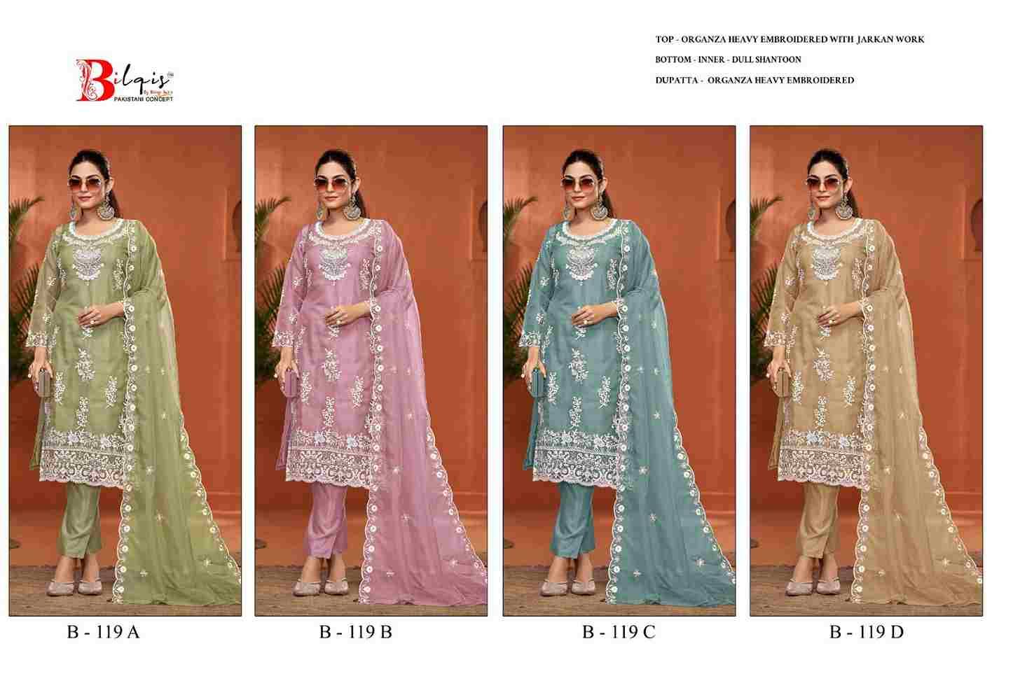 Bilqis 119 Colours By Bilqis 119-A To 119-D Series Beautiful Pakistani Suits Stylish Fancy Colorful Party Wear & Occasional Wear Organza Embroidery Dresses At Wholesale Price