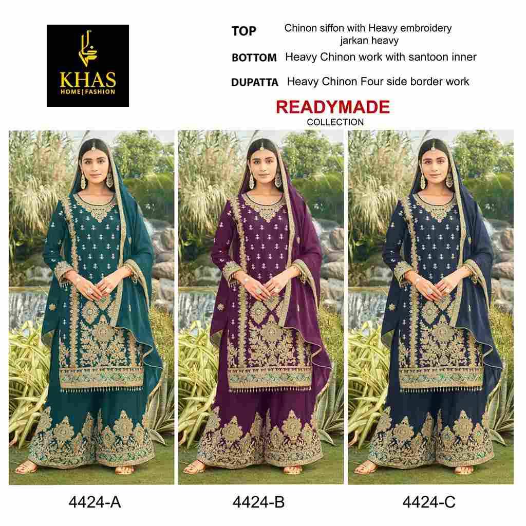 Khas 4424 Colours By Khas 4424-A To 4424-C Series Beautiful Pakistani Suits Colorful Stylish Fancy Casual Wear & Ethnic Wear Chinnon Chiffon Embroidered Dresses At Wholesale Price