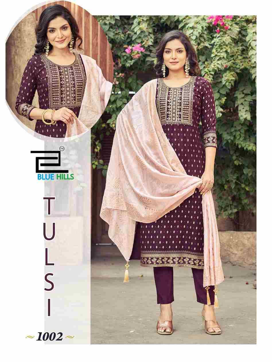 Tulsi By Blue Hills 1001 To 1007 Series Designer Suits Collection Beautiful Stylish Fancy Colorful Party Wear & Occasional Wear Rayon Foil Print Dresses At Wholesale Price